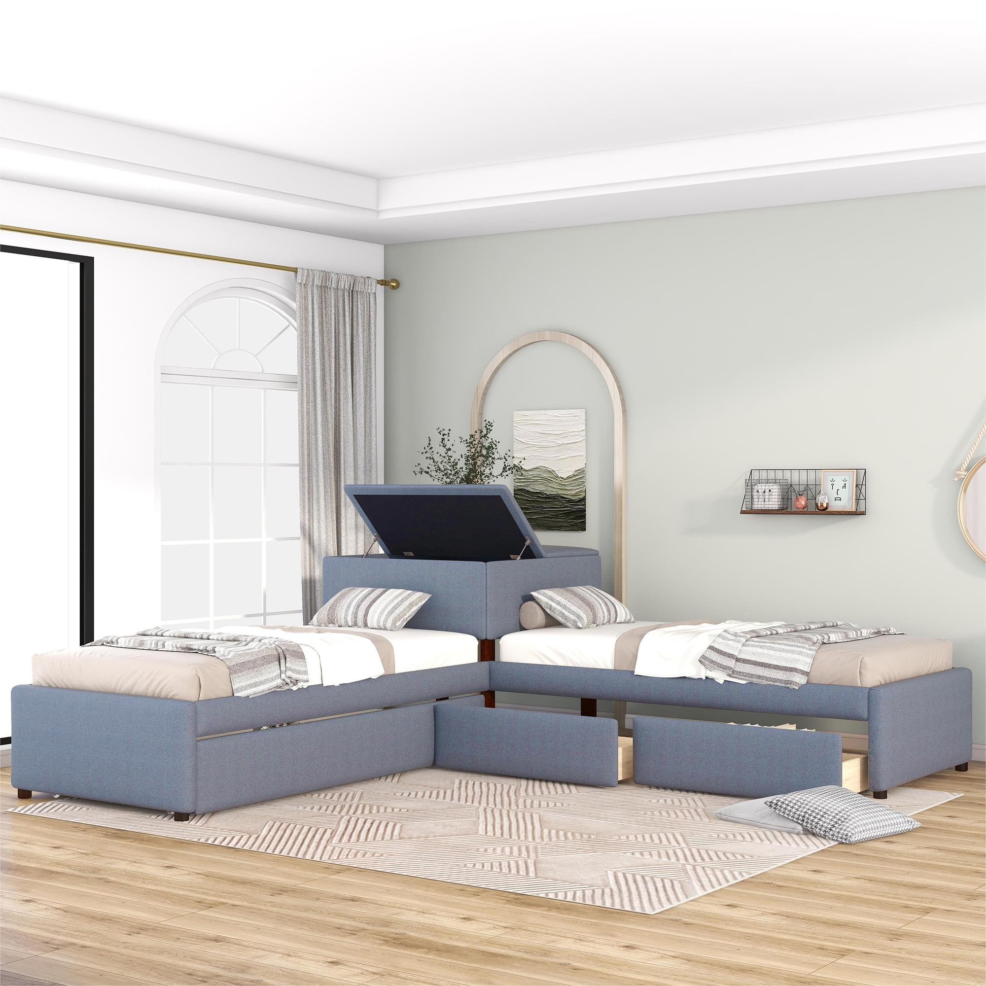 EUROCO Upholstery L-Shaped Twin Platform Bed with Drawers and Trundle,Square Table for Bedroom - Image 3