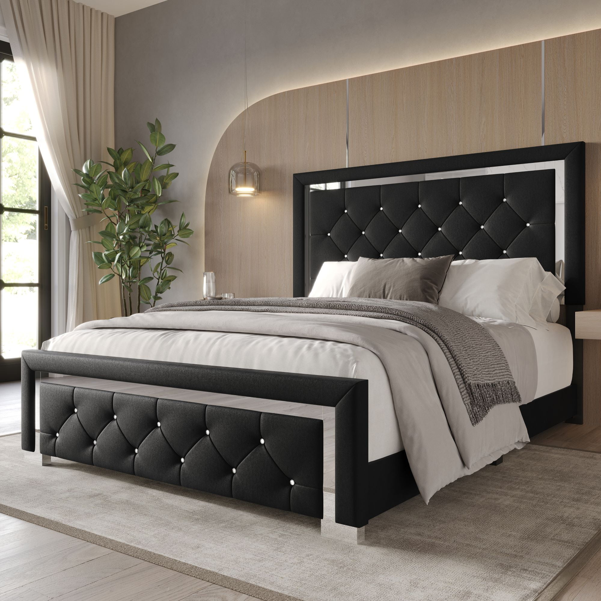 Home Design Toccoa Queen Upholstered Panel Bed Frame with Diamond Button-Tufted Headboard and Silver Metal Accents, Black, Easy Assembly - Image 2