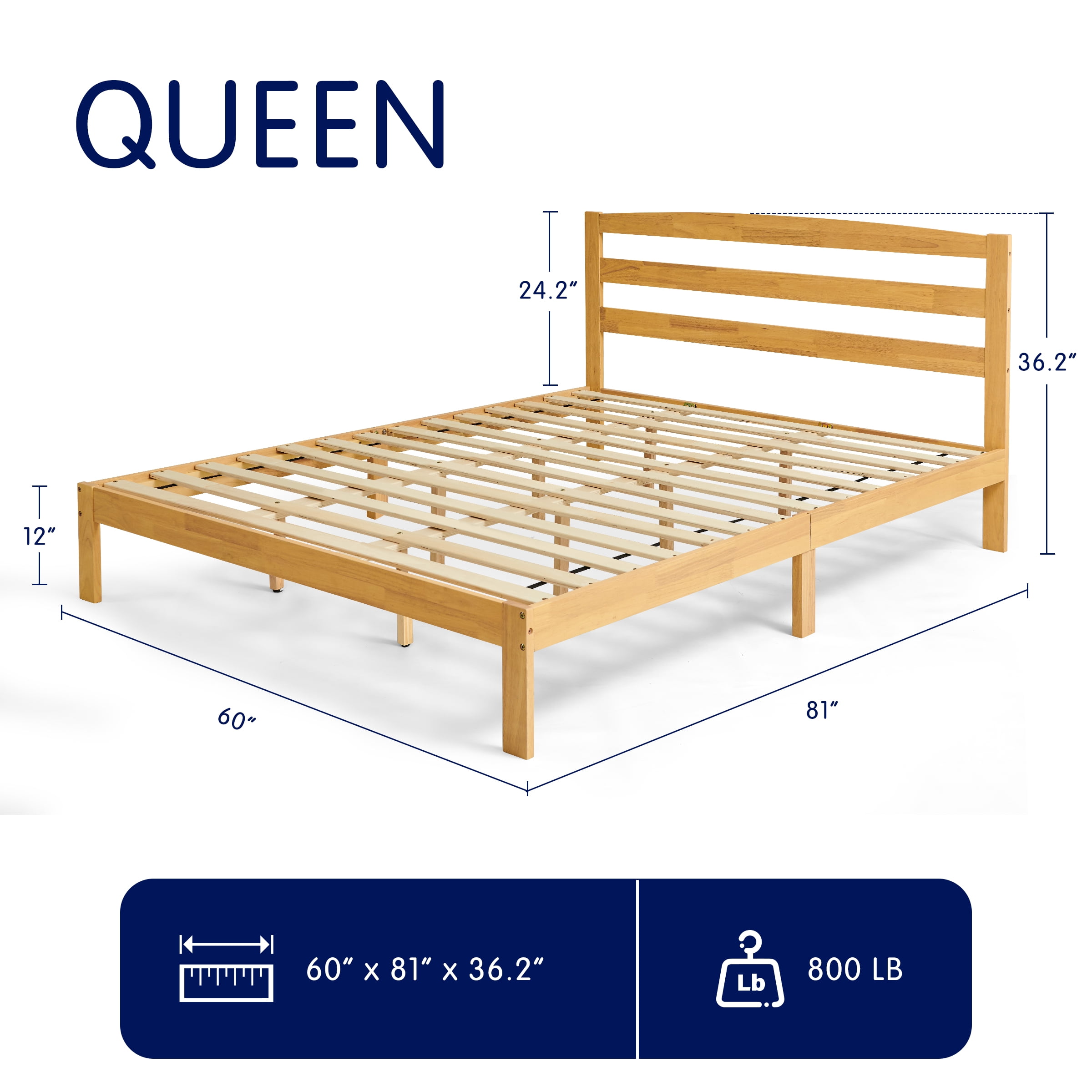 Queen Wood Bed Frame with Headboard, Solid Wood Platform, Quiet & Stable, No Box Spring, Natural - Image 4