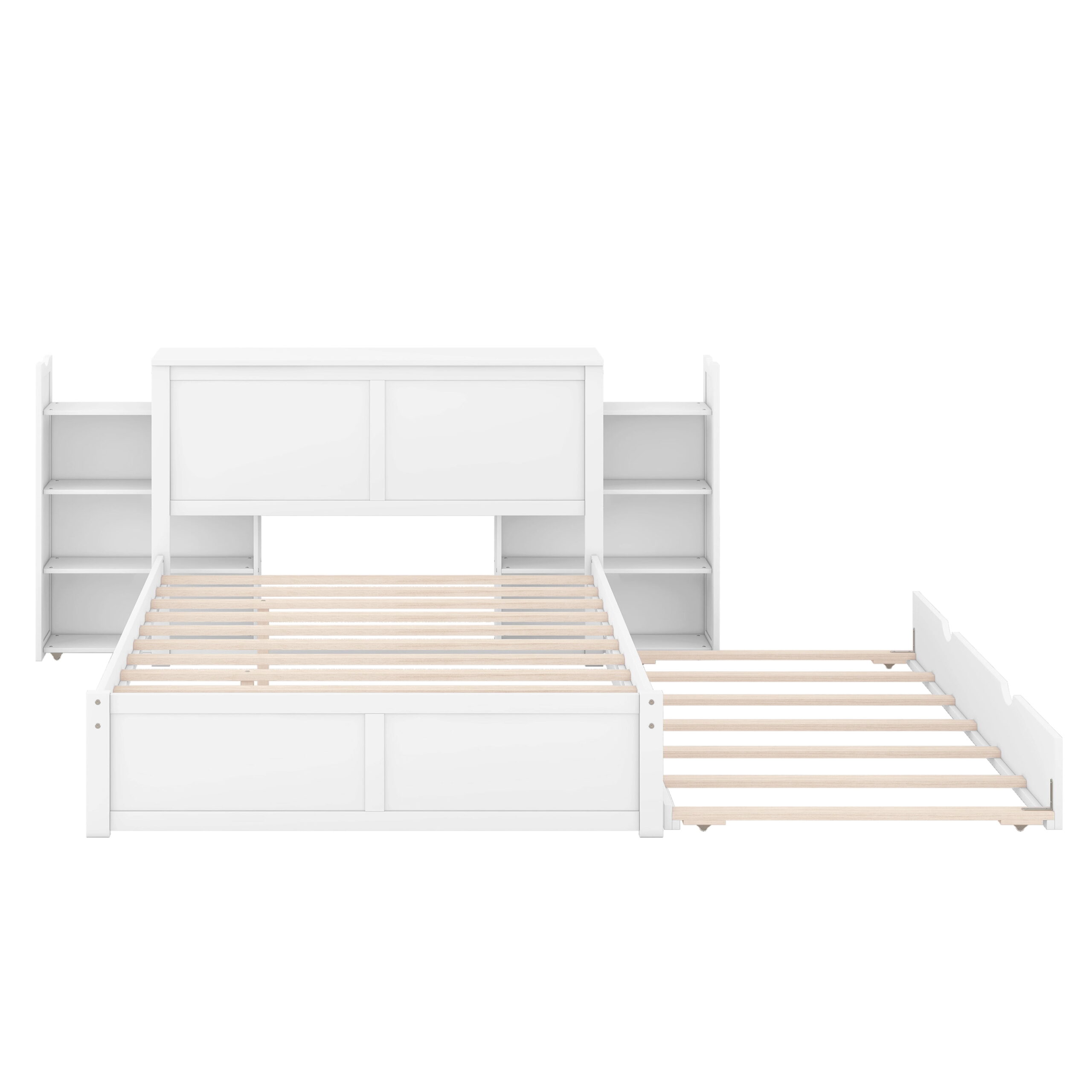 Euroco Full Size Wood Platform Bed with Trundle, Flexible 4-Tier Shelf in Headboard for Kids, White - Image 6