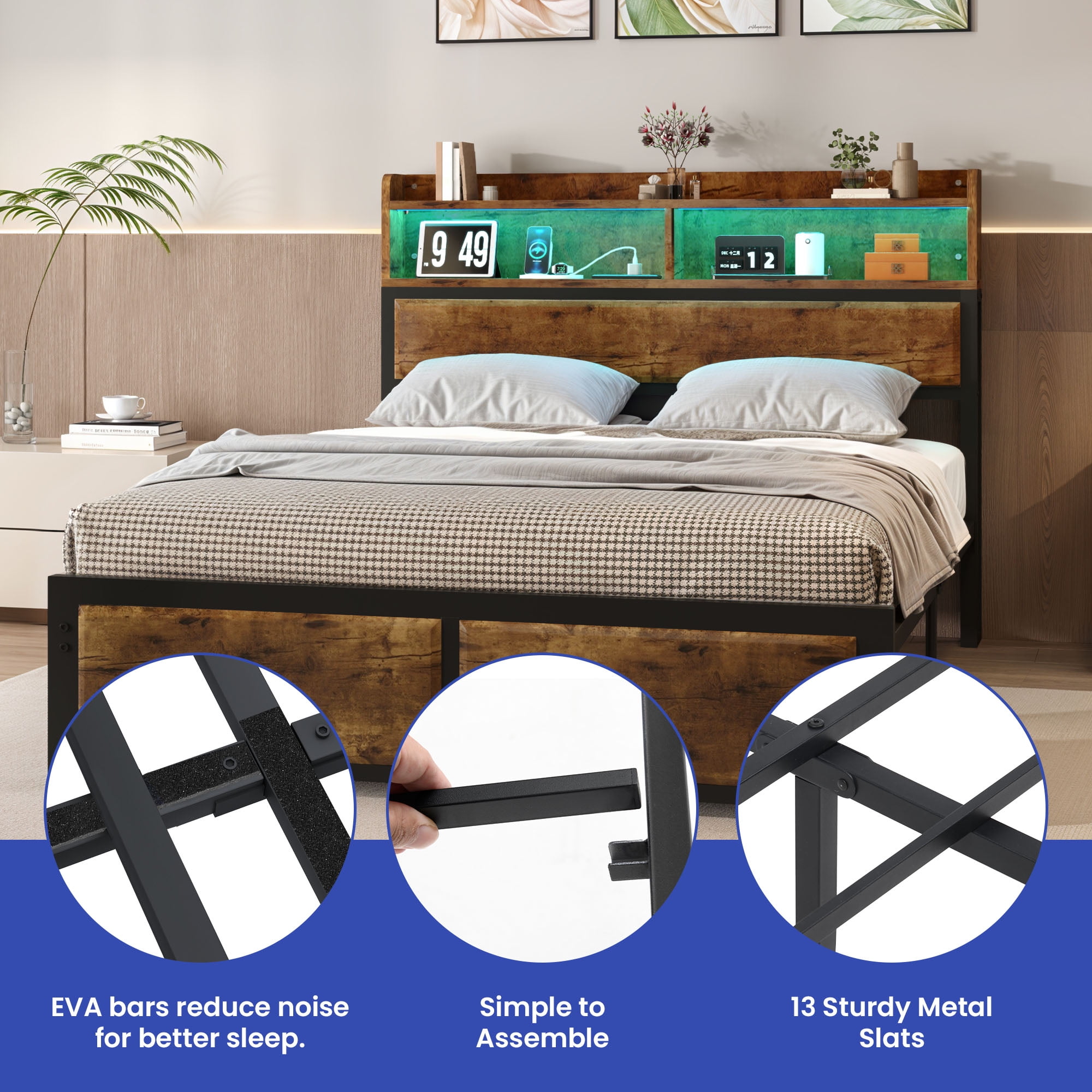 Uforic Full Size Bed Frame, LED Bed Frame with Storage Headboard, Platform Bed with Outlet & USB Ports, Easy Assembly, Rustic Brown - Image 3