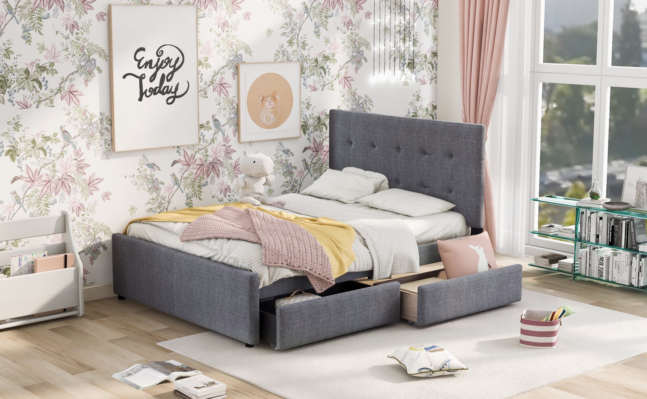 EUROCO Queen Size Linen Upholstered Platform Bed with Two Drawers, for Adults, Gray - Image 3