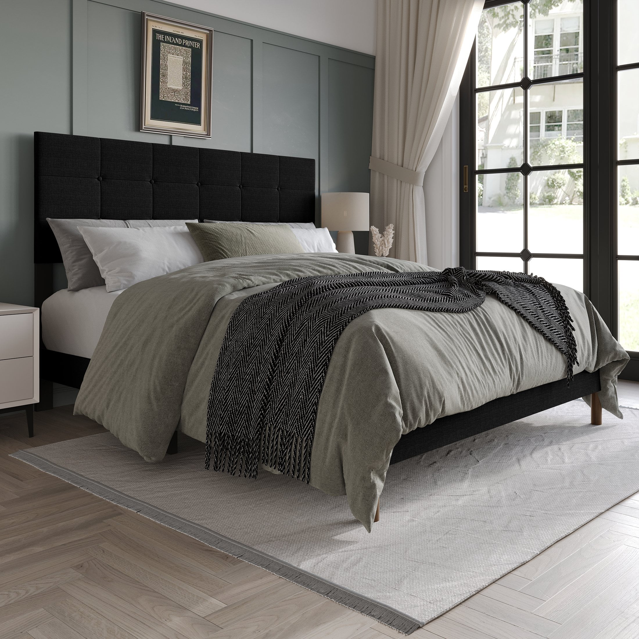 Castle Place Elegant Square Tufted Linen Upholstered Full Platform Bed, Black - Image 2