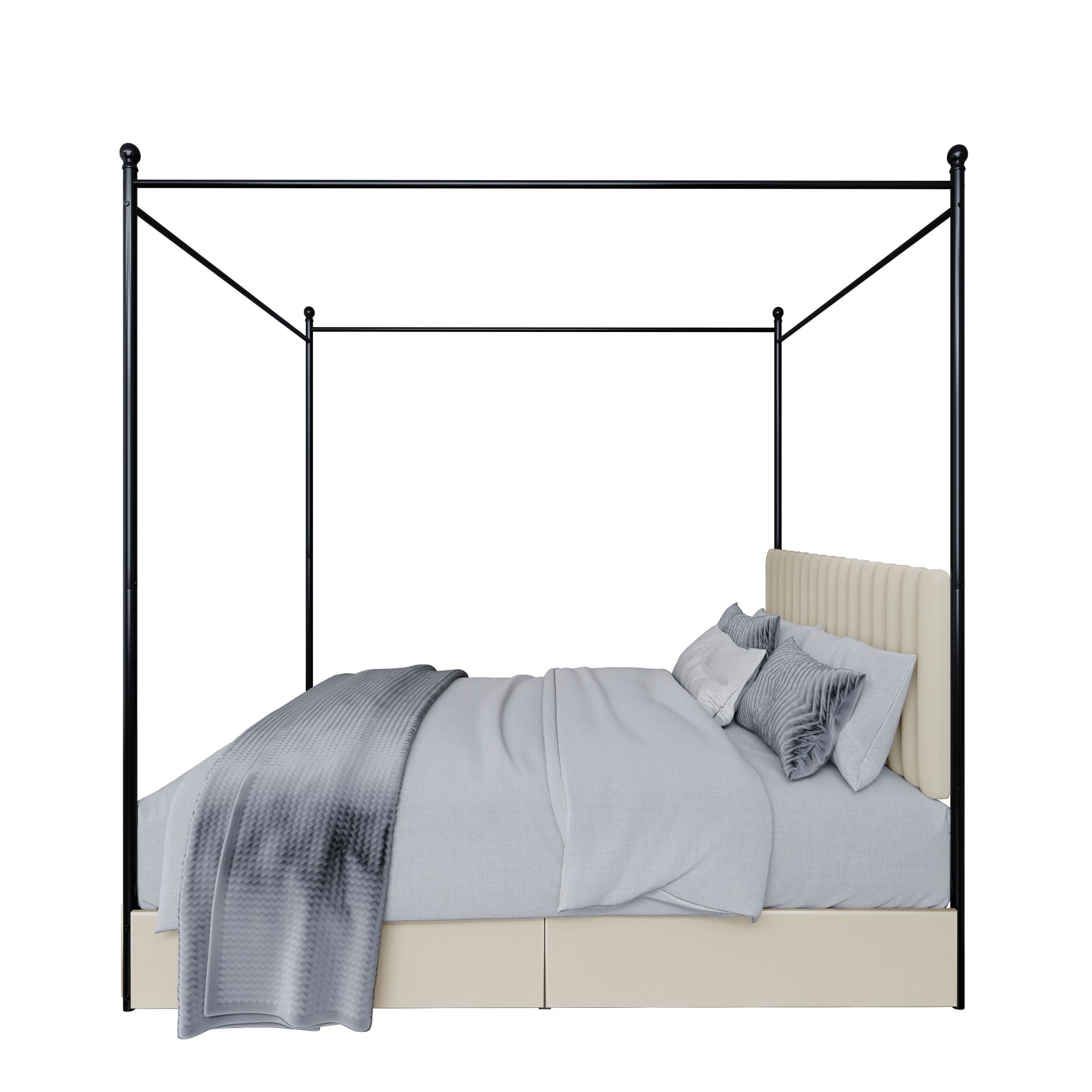 Home Design Passaic Queen Upholstered Metal Storage Canopy Bed Frame with Vertical-Channel Tufted Headboard and Four Under-Bed Drawers, Beige, Easy Assembly - Image 5