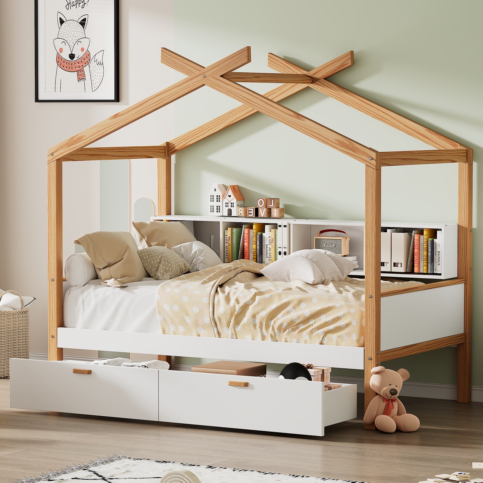Euroco Wood Twin Size House Bed with Bookcase and Drawers, White - Image 2