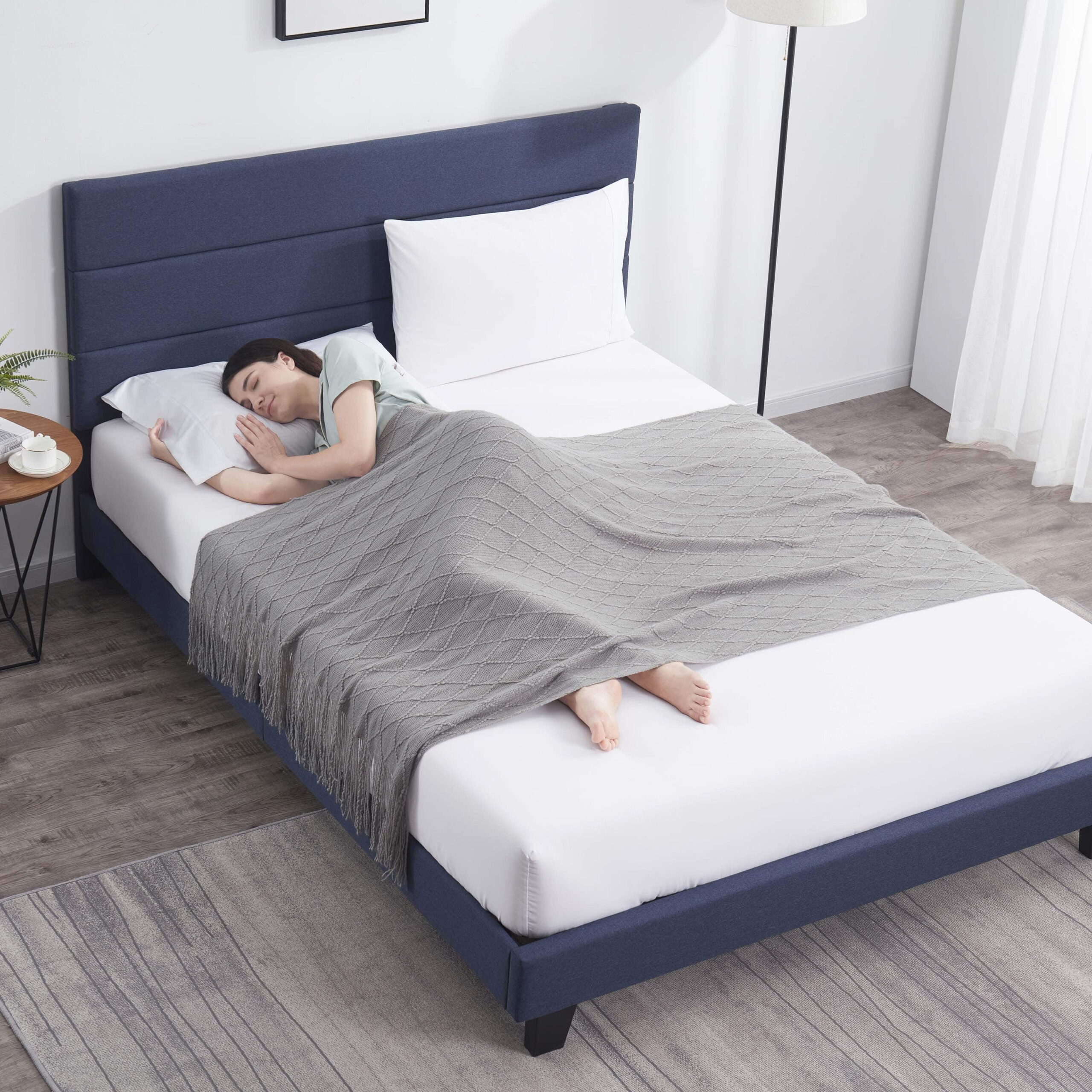 Lammaloe King Size Platform Bed Frame with Horizontal Channel Upholstered Headboard, Navy, King - Image 5