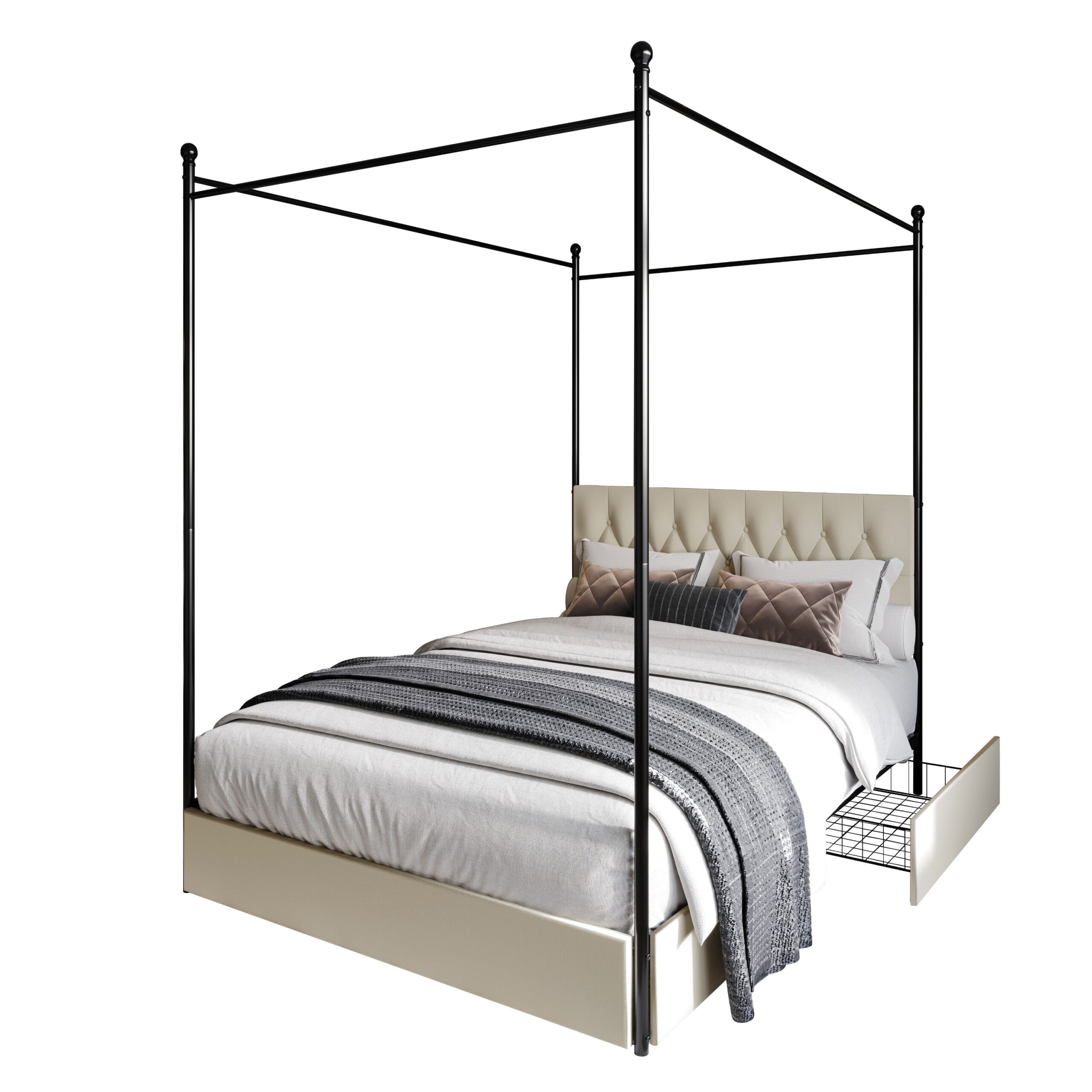 Home Design Harlan Queen Upholstered Metal Storage Canopy Bed Frame with Button-Tufted Headboard and Four Side Drawers, Beige, Easy Assembly - Image 4