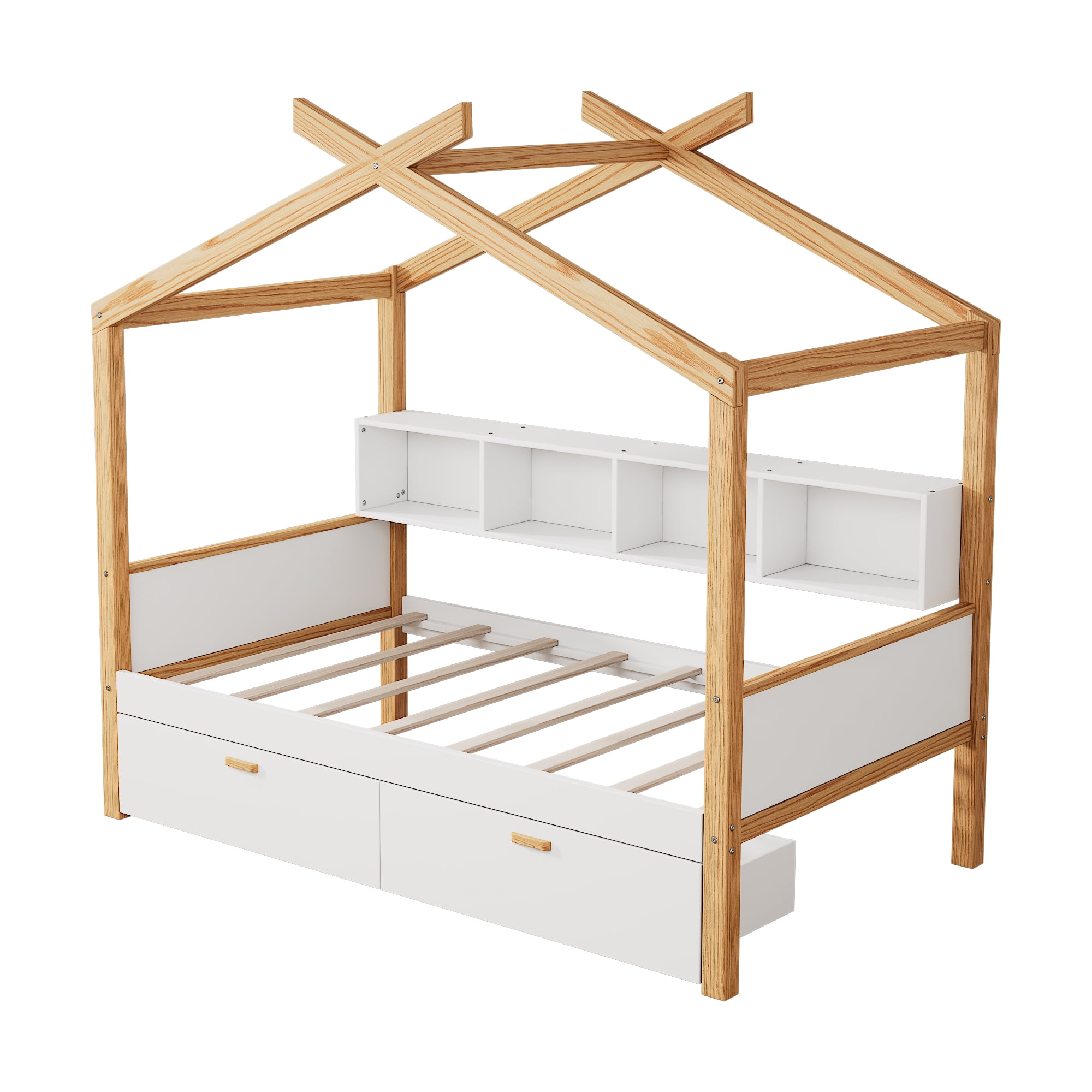 Euroco Wood Twin Size House Bed with Bookcase and Drawers, White - Image 4