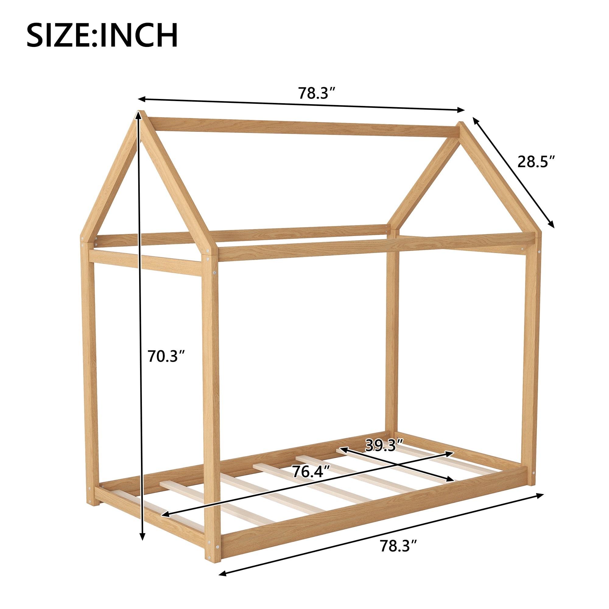 Euroco Twin Wood House Bed Frame with Roof, Wood - Image 2