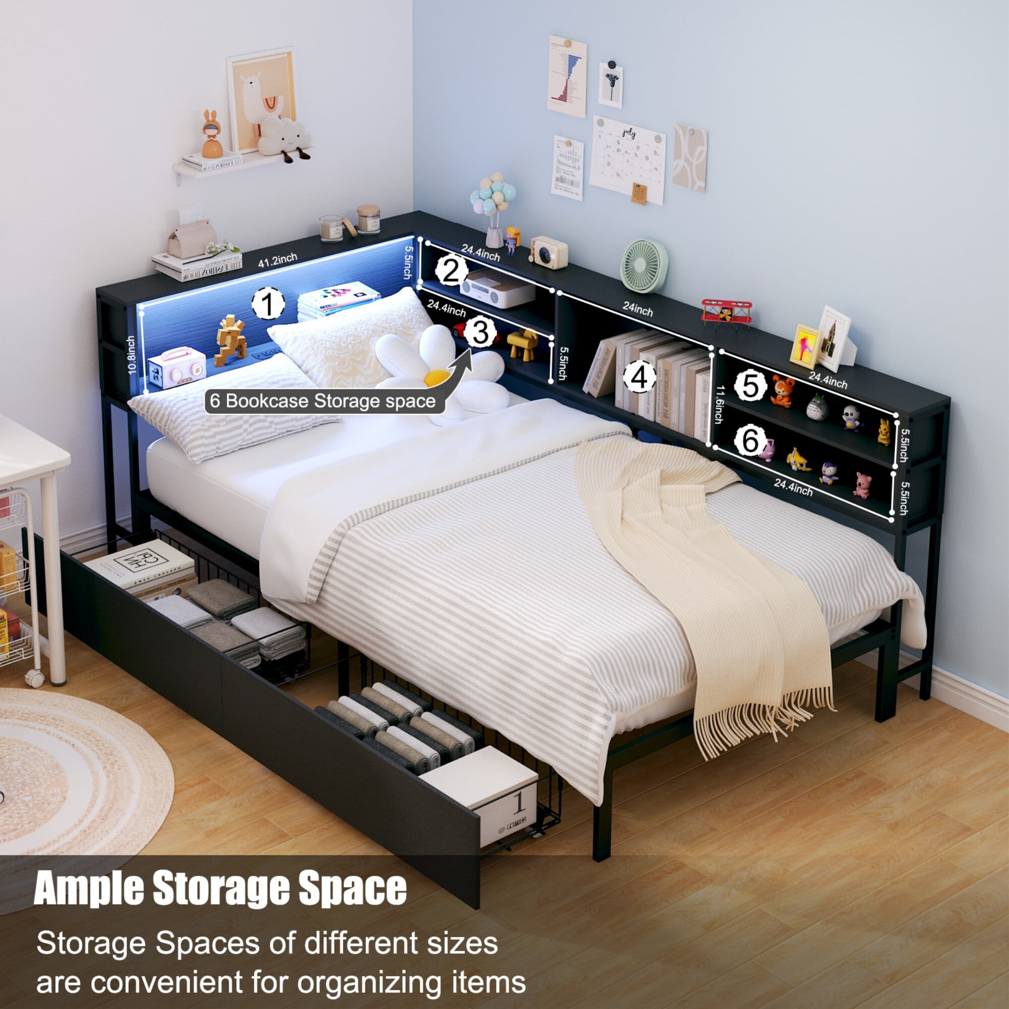 AENKYO Twin Size Corner Bed Frame with Charging Station, Smart LED Lights, Bookshelf Headboard & 2 Drawers, Black - Image 4