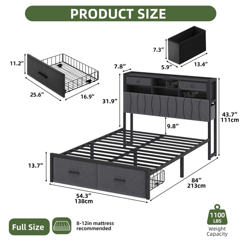Uforic Full Upholstered Bed Frame with Charging Station, LED Platform Bed with Storage Drawers, Gray - Image 6
