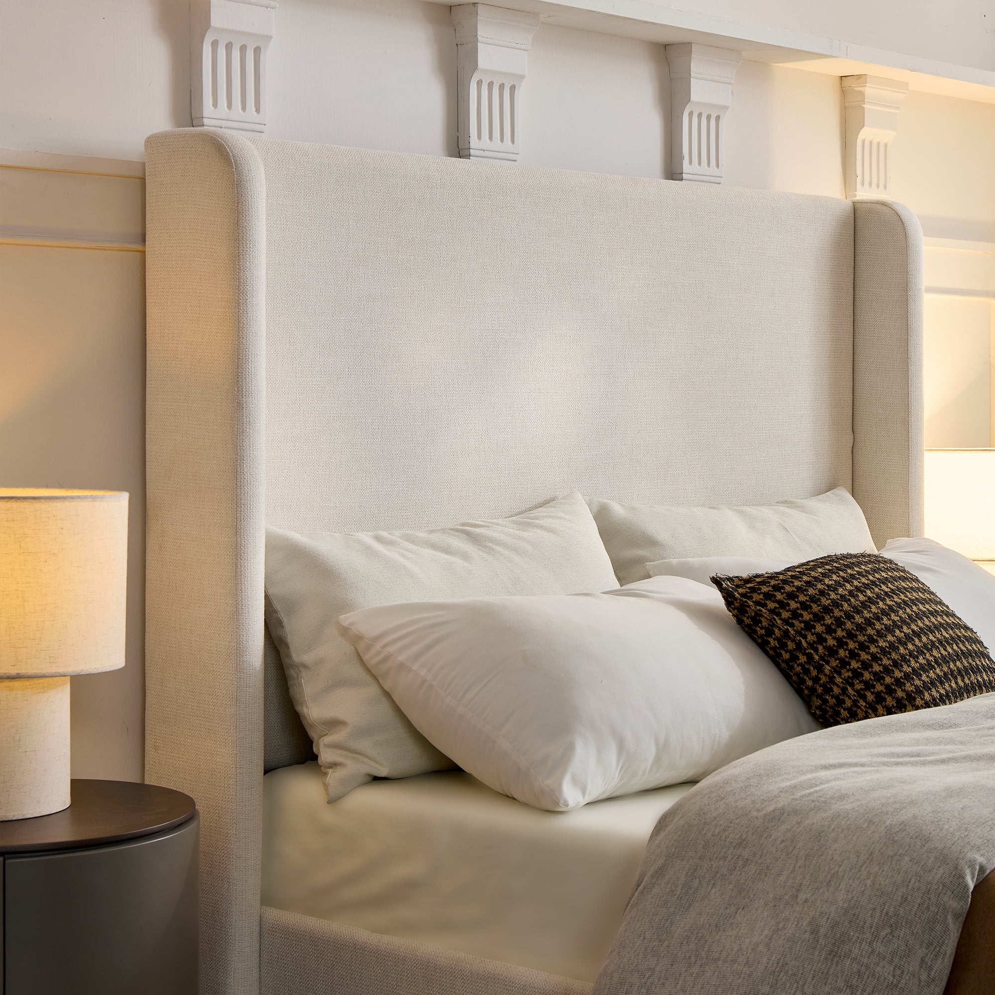 Miniyam King Size Wingback Bed with 54" High Upholstered Headboard for Adult, Ivory - Image 4