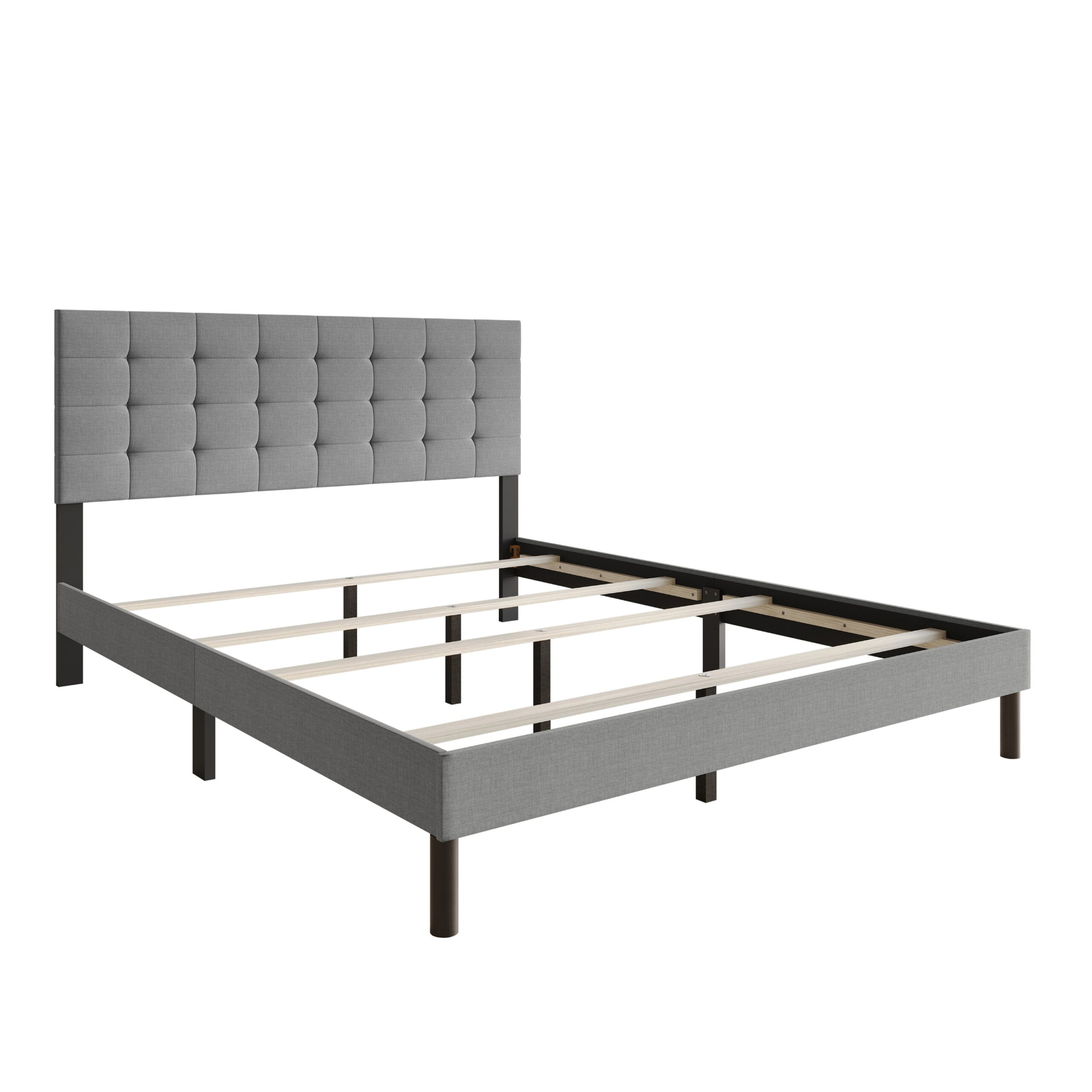 Home Design Haines Twin Linen Upholstered Panel Bed Frame with Rectangular Tufted Headboard & Sturdy Wooden Legs, Gray, Easy Assembly - Image 6