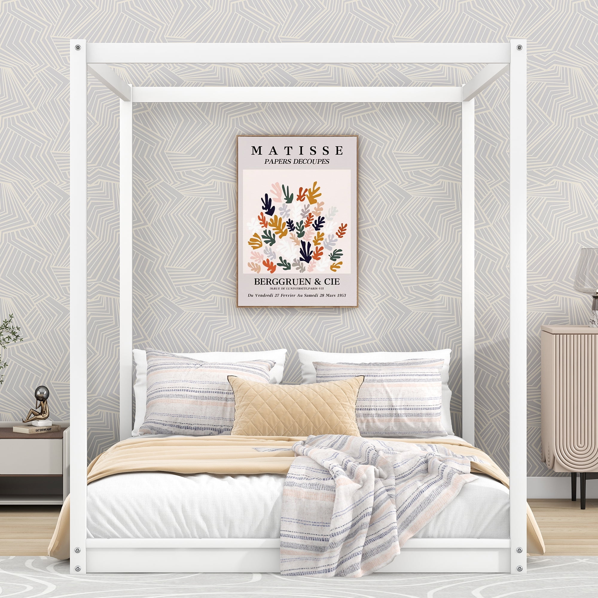 Euroco Pine Wood Queen Size Canopy Bed, Low Profile Platform Bed with Support Legs for Adults, White - Image 2