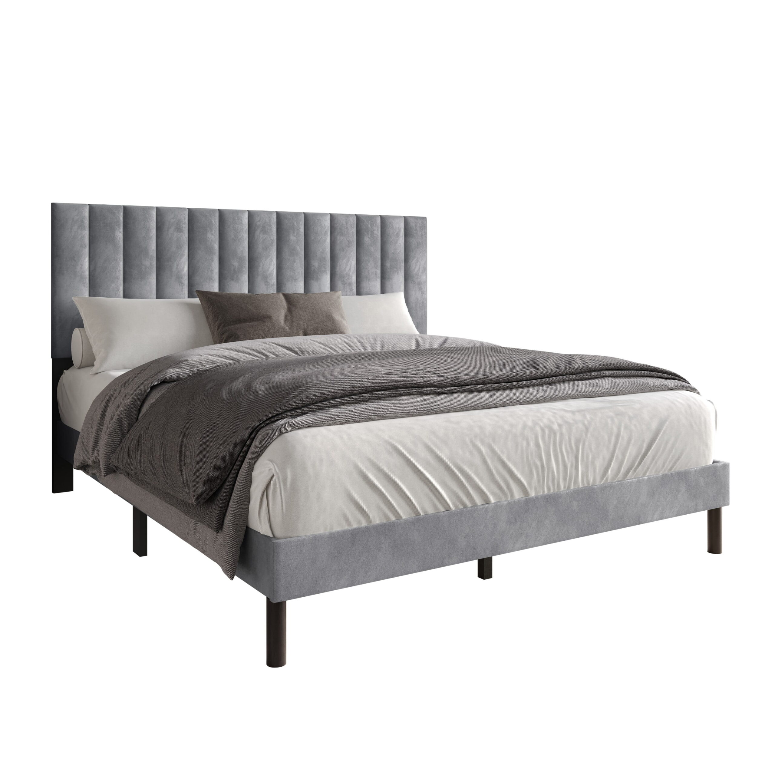Home Design Sitka Twin Velvet Upholstered Platform Bed Frame with Channel-Tufted Headboard & Foam Padding, Silver Gray, Easy Assembly - Image 4