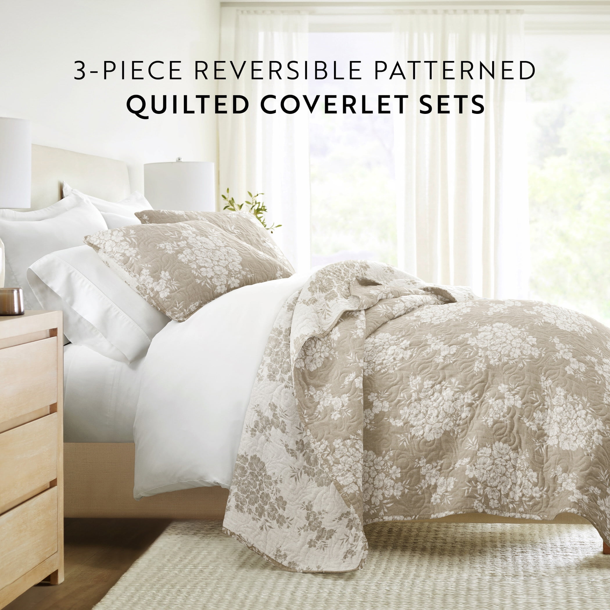 Noble Linens 3-Piece Taupe Distressed Bouquet Reversible Quilt Set, King - Image 2