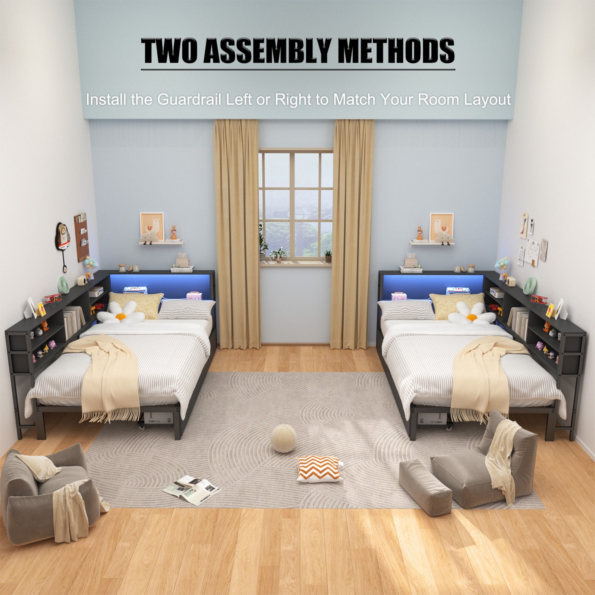 AENKYO Twin Size Corner Bed Frame with Charging Station, Smart LED Lights, Bookshelf Headboard & 2 Drawers, Black - Image 6