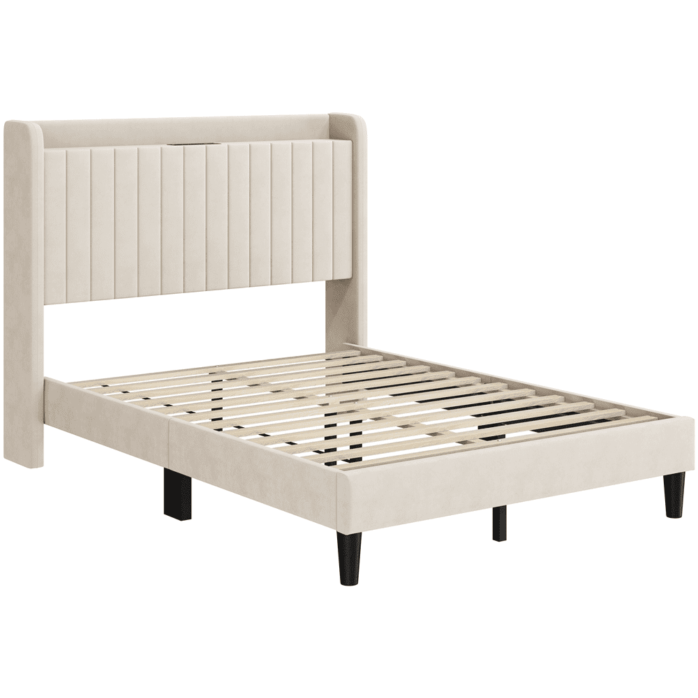 Renwick Velvet Bed Frame with Charging Outlets and USB Ports and Storage Headboard, Adult, Full, Beige - Image 4