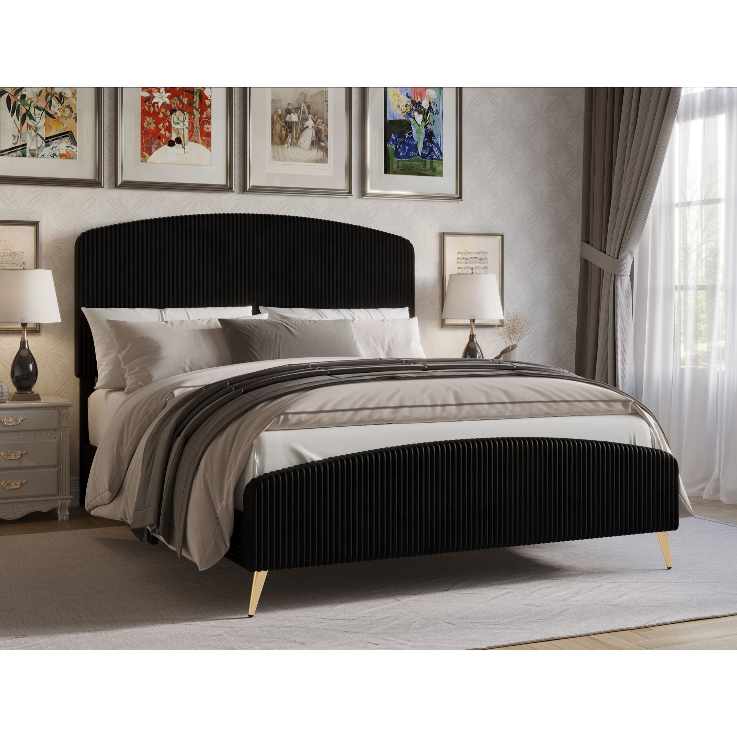 Home Design Everett Full Upholstered Panel Bed Frame with Curve-Shaped Design Headboard For Adult, Black, Easy Assembly - Image 2