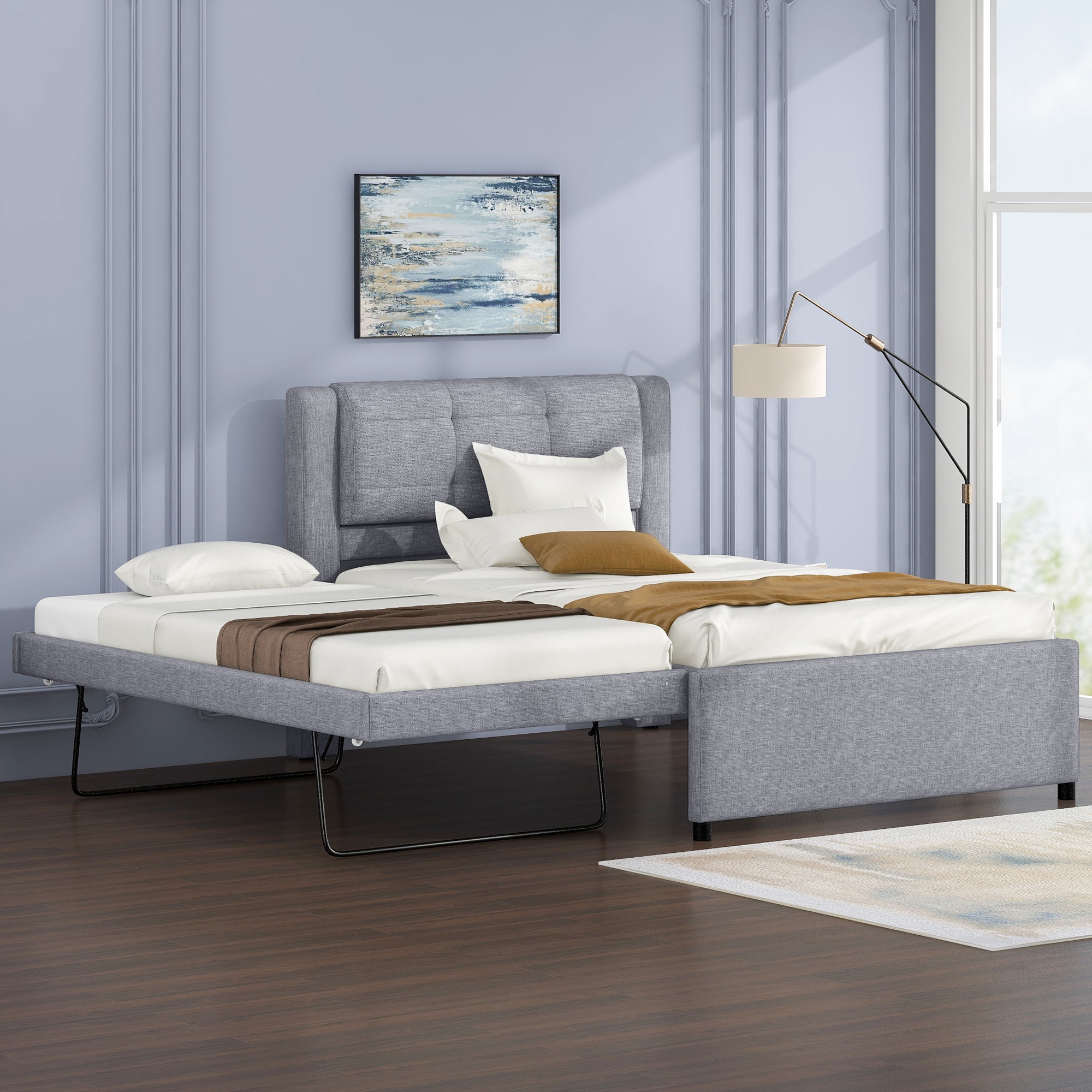 Euroco Upholstered Full Platform Bed with Pop-up Twin Trundle for Bedroom, 2 Beds in One, Gray - Image 2