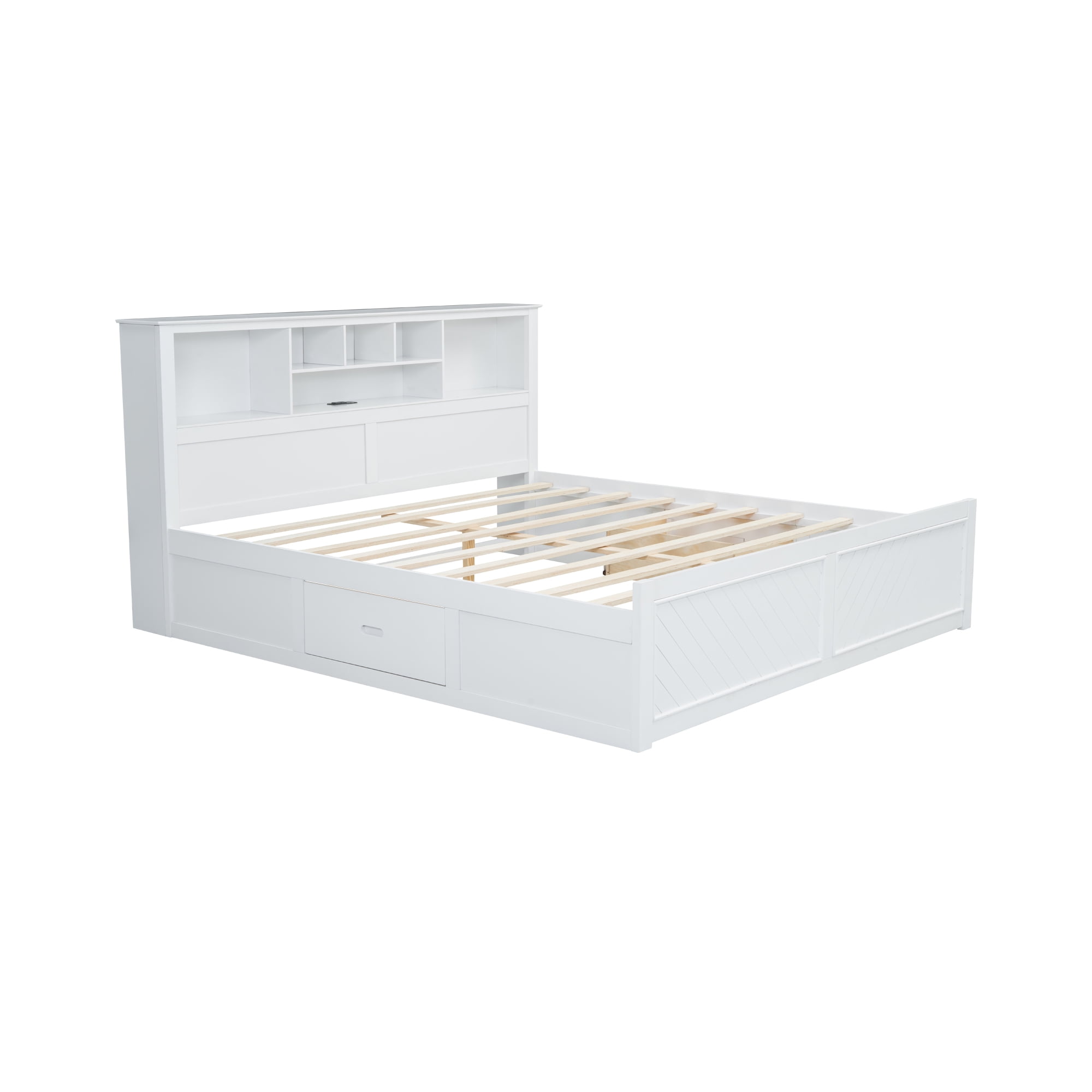 Euroco Wood King Size Platform Bed with Storage Headboard, Drawers and USB Charging Station, White - Image 6