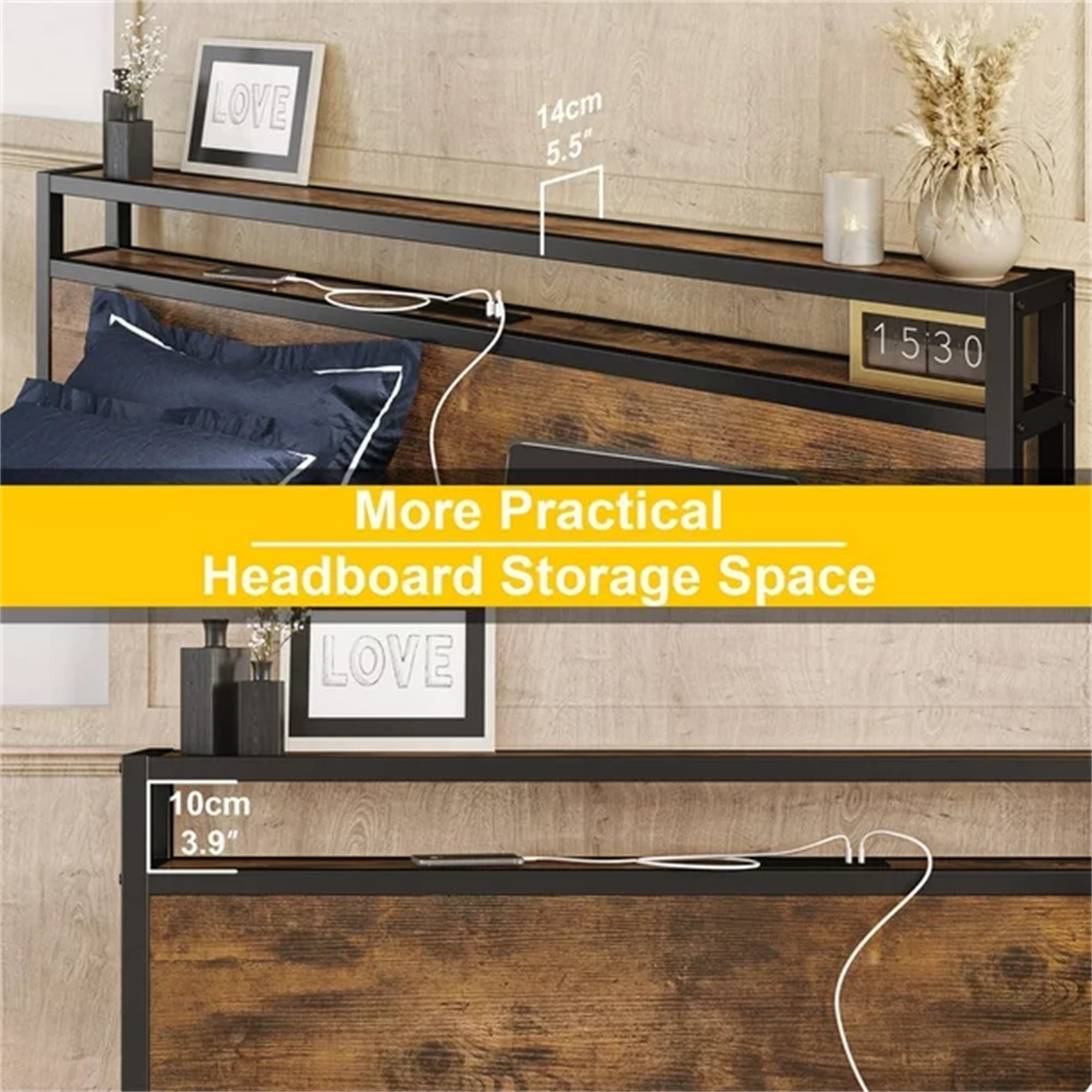 Aukfa Metal Twin XL Size Bed Frame with USB Charge Port, Wood Storage Headboard Shelf, Black - Image 2