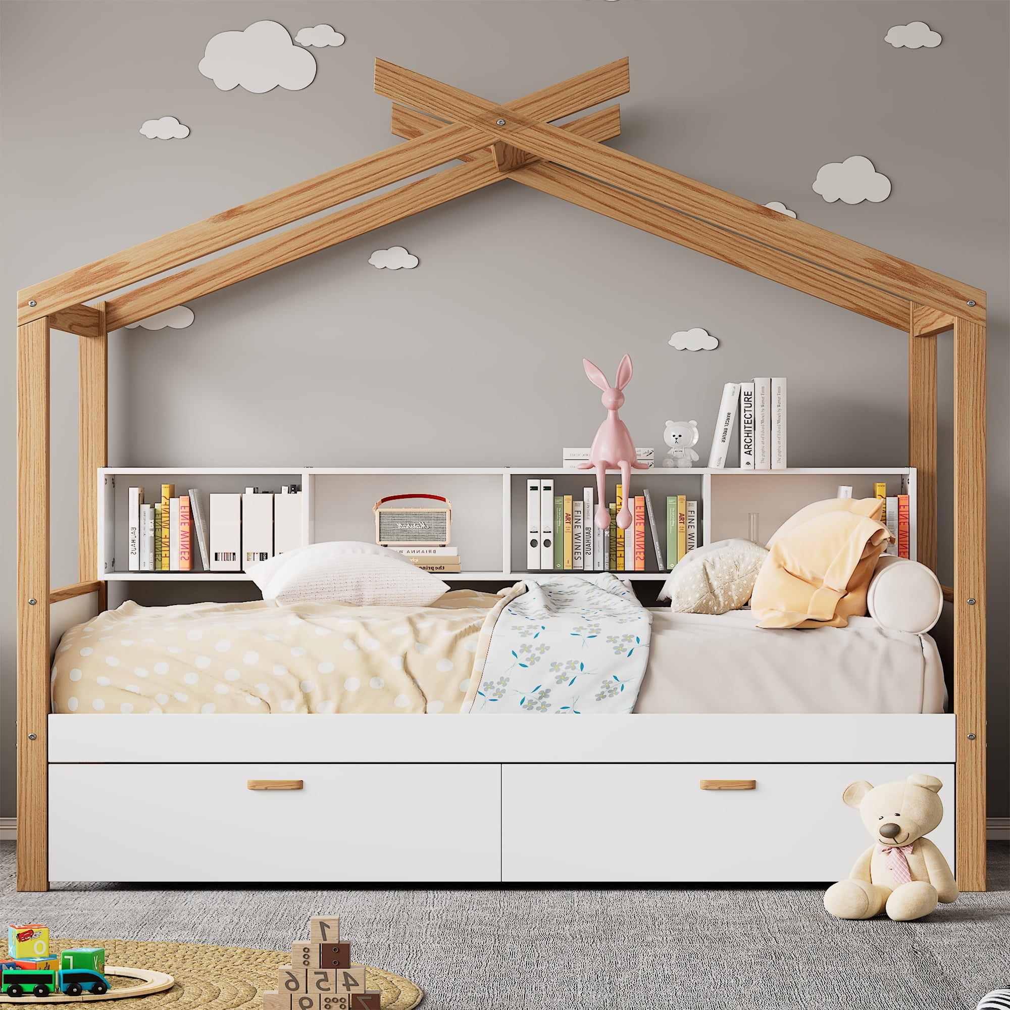 Euroco Wood Twin Size House Bed with Bookcase and Drawers, White - Image 3