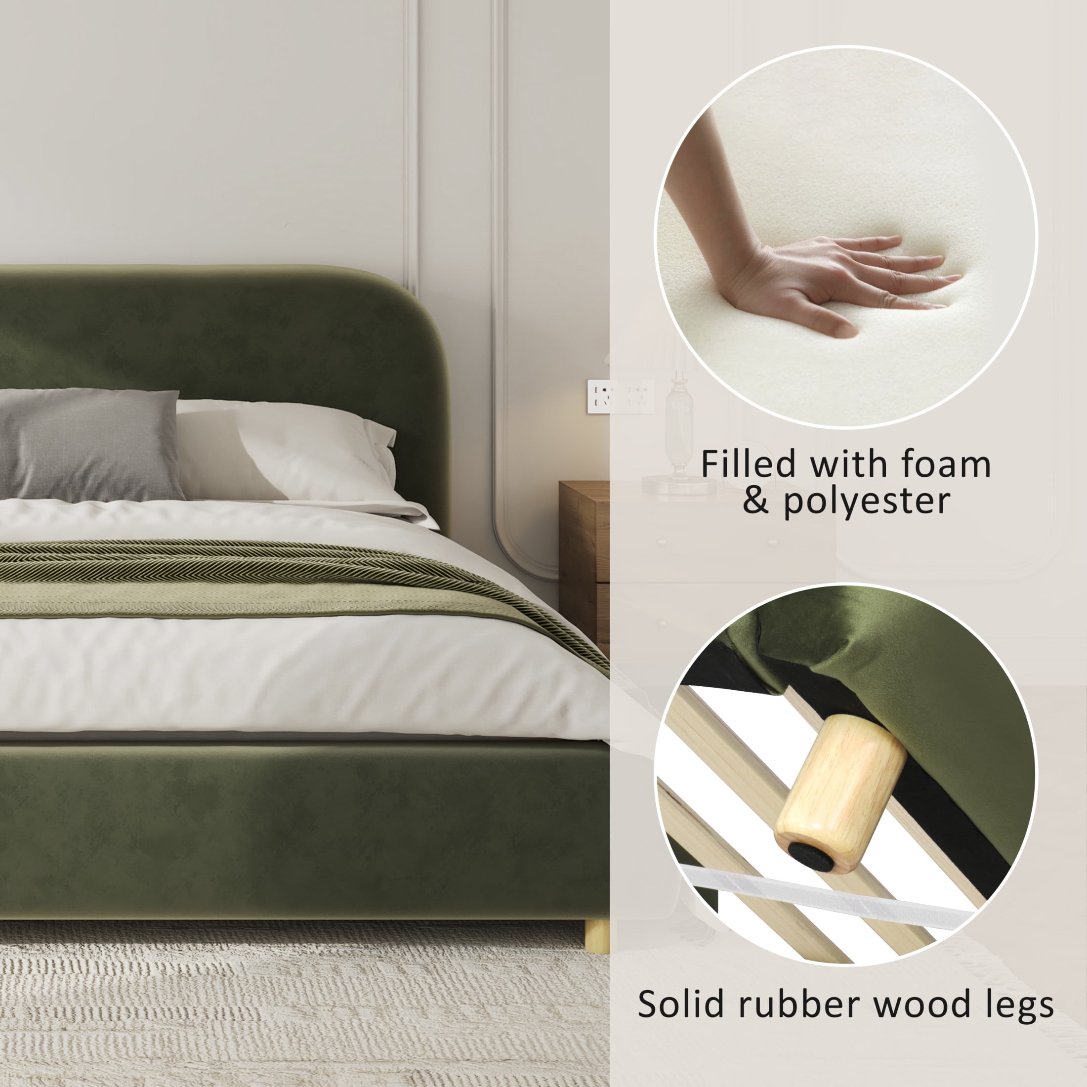 Christopher Knight Home King Platform Bed, Velvet Upholstered Frame with Curved Headboard, Olive Green - Image 5