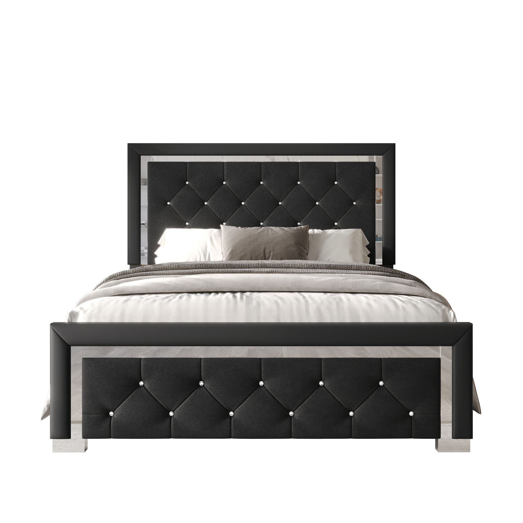 Home Design Toccoa Queen Upholstered Panel Bed Frame with Diamond Button-Tufted Headboard and Silver Metal Accents, Black, Easy Assembly - Image 3