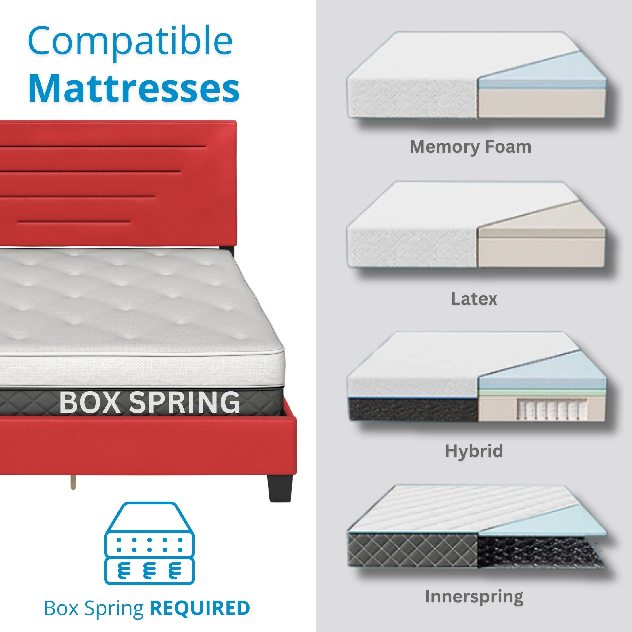 Boyd Sleep Luxembourg Red Faux Leather Queen Size Fully Upholstered Platform Bed Frame with Adjustable Headboard, Qualified Box Spring or Foundation Required for Use - Image 2