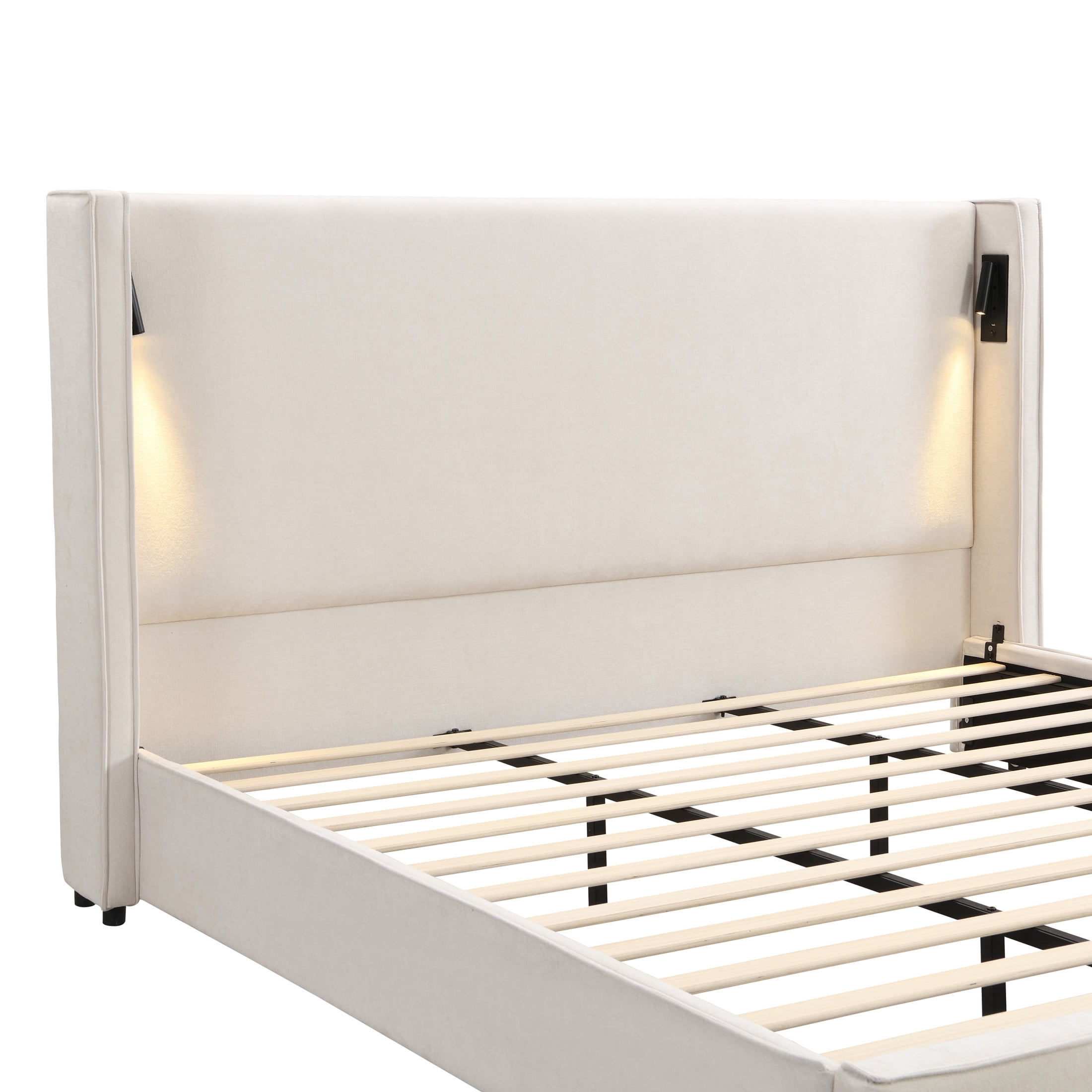 Carys Modern King Boucle Upholstered Bed, Platform Bed with Wingback Headboard, White - Image 4