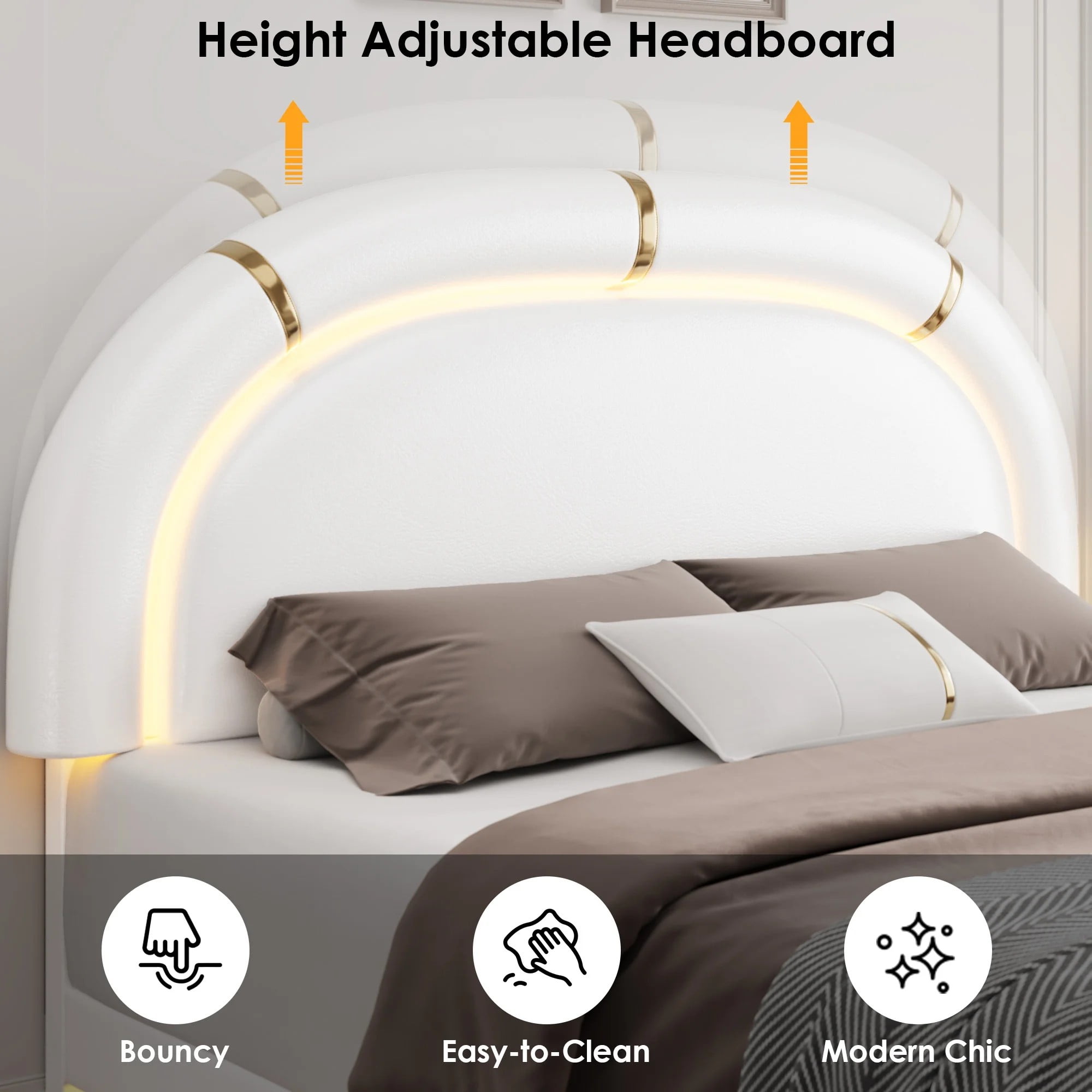 COMHOMA Queen Bed Frame with LED & 2 Storage Drawer, Modern Adjustable Headboard Faux Leather Upholstered Platform Bed, White - Image 3