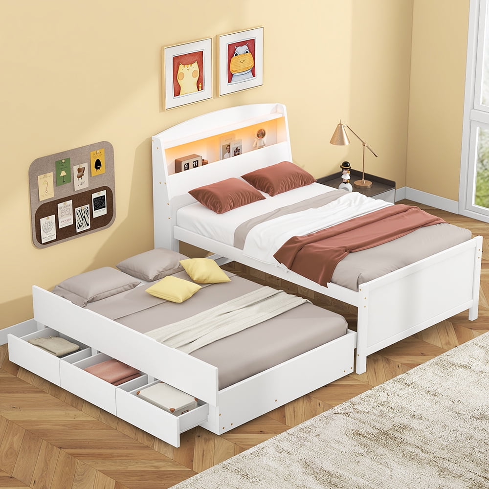 Euroco Wood Twin Size Platform Bed with Storage Headboard, Drawers Trundle and LED Light, White - Image 3