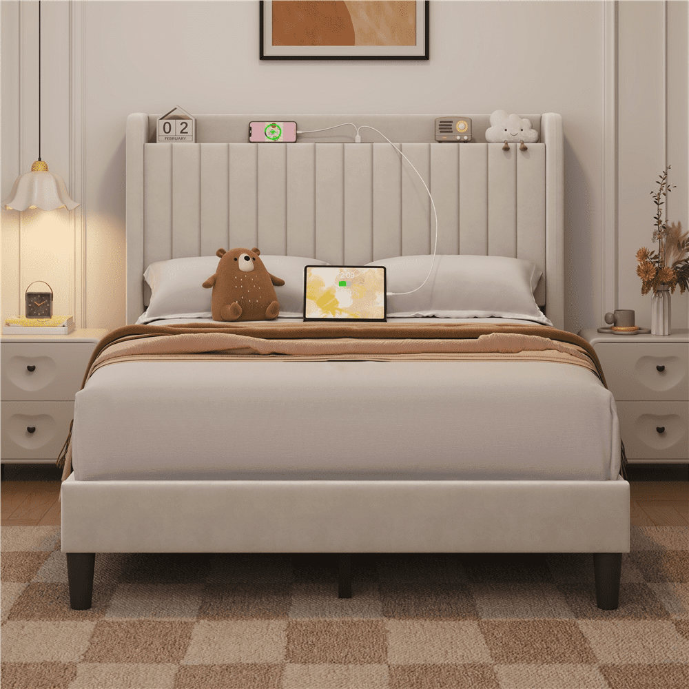 Renwick Velvet Bed Frame with Charging Outlets and USB Ports and Storage Headboard, Adult, Full, Beige - Image 3