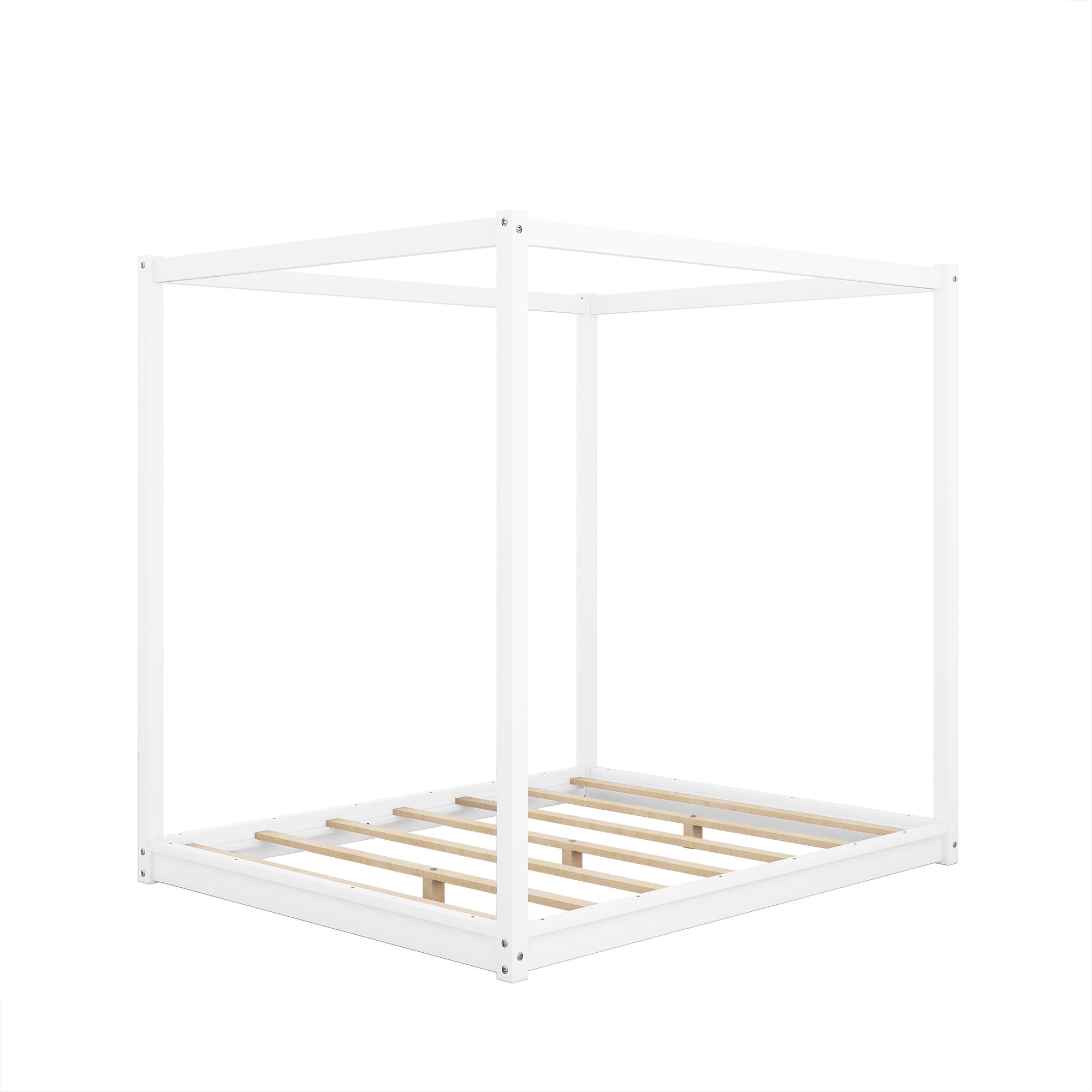 Euroco Pine Wood Queen Size Canopy Bed, Low Profile Platform Bed with Support Legs for Adults, White - Image 6