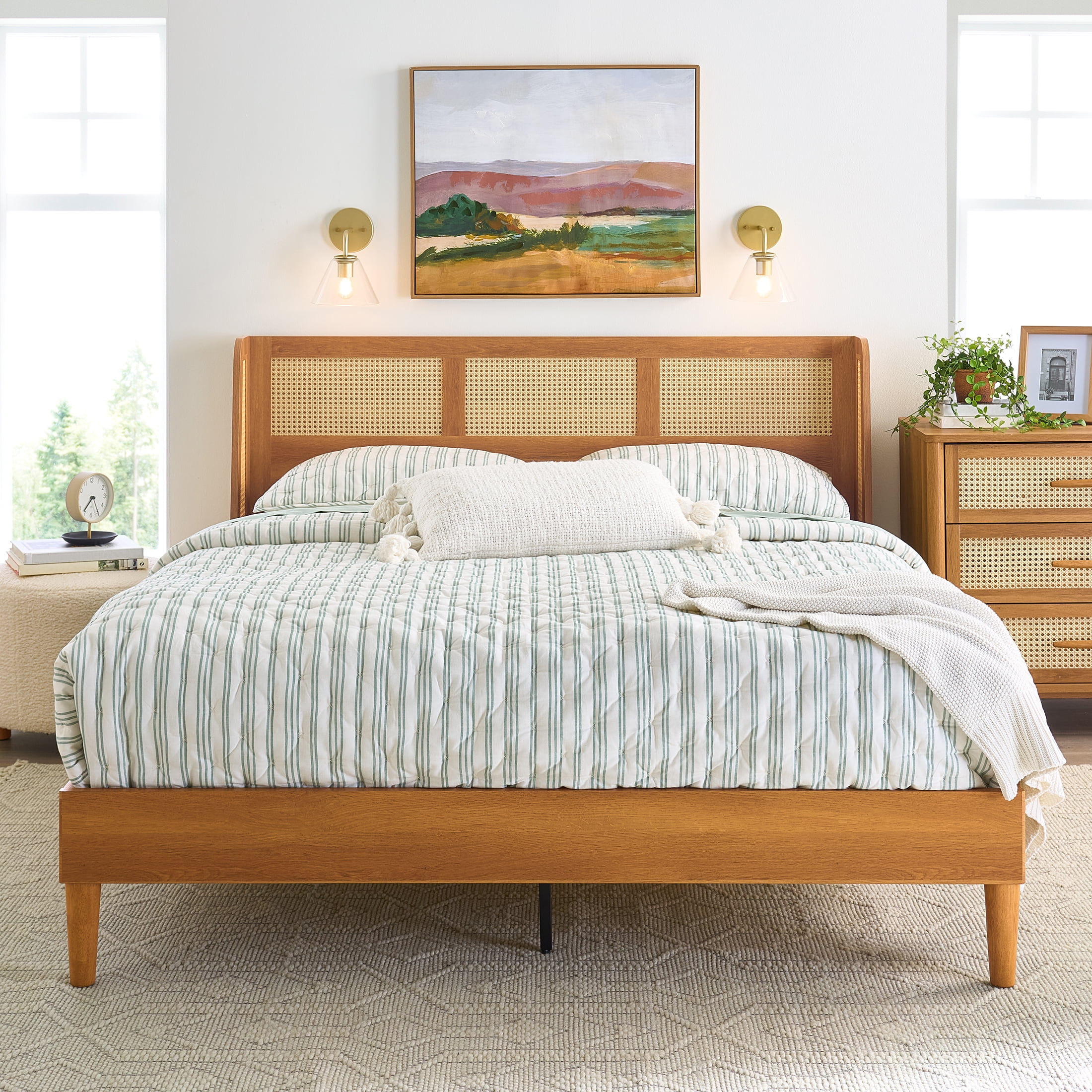 Better Homes & Gardens Springwood Caning Queen Platform Bed With Headboard, Light Honey Finish - Image 2