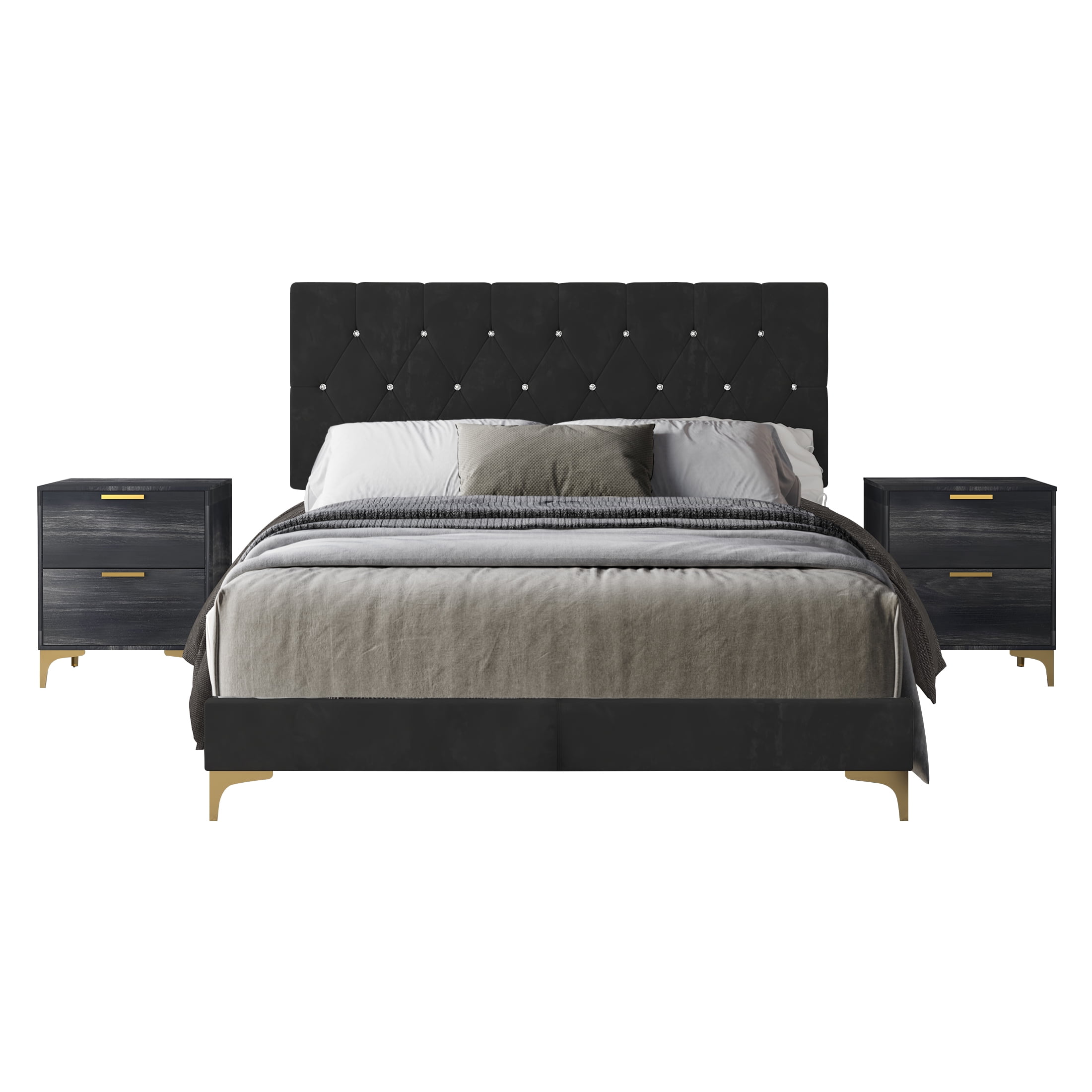 Castle Place Luxurious Crystal Velvet Upholstered Queen Bed With 2 Nightstands, Black - Image 2
