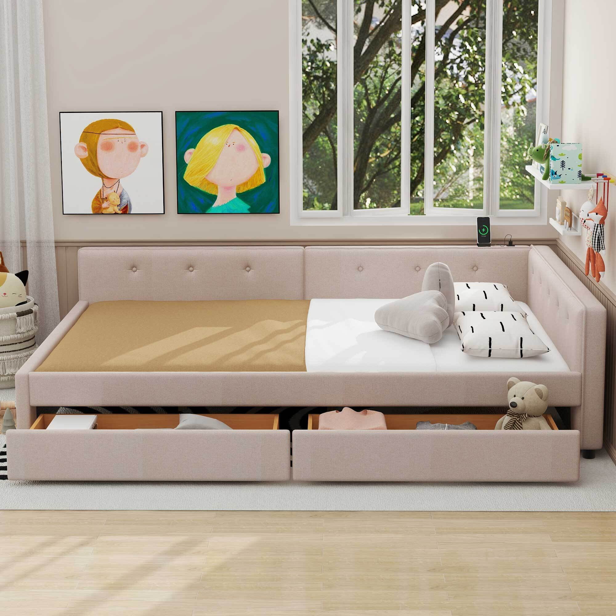 Euroco Upholstered Full Size Platform Bed with 2 Storage Drawers for Kids Teens, Beige - Image 3