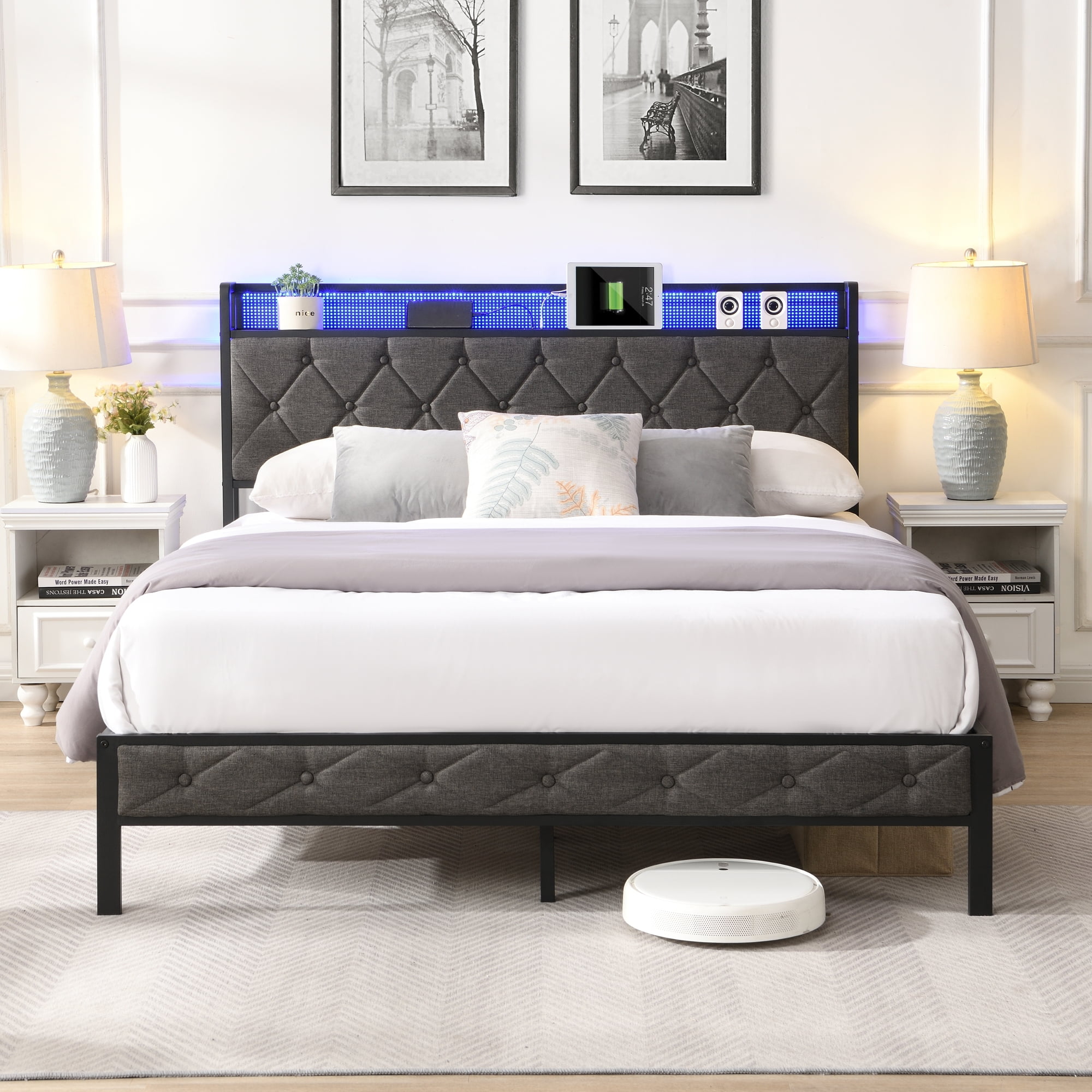 Full Size Upholstered Platform Bed with Storage Headboard & Charging Station & LED Lights,Noise Free,Full - Image 2
