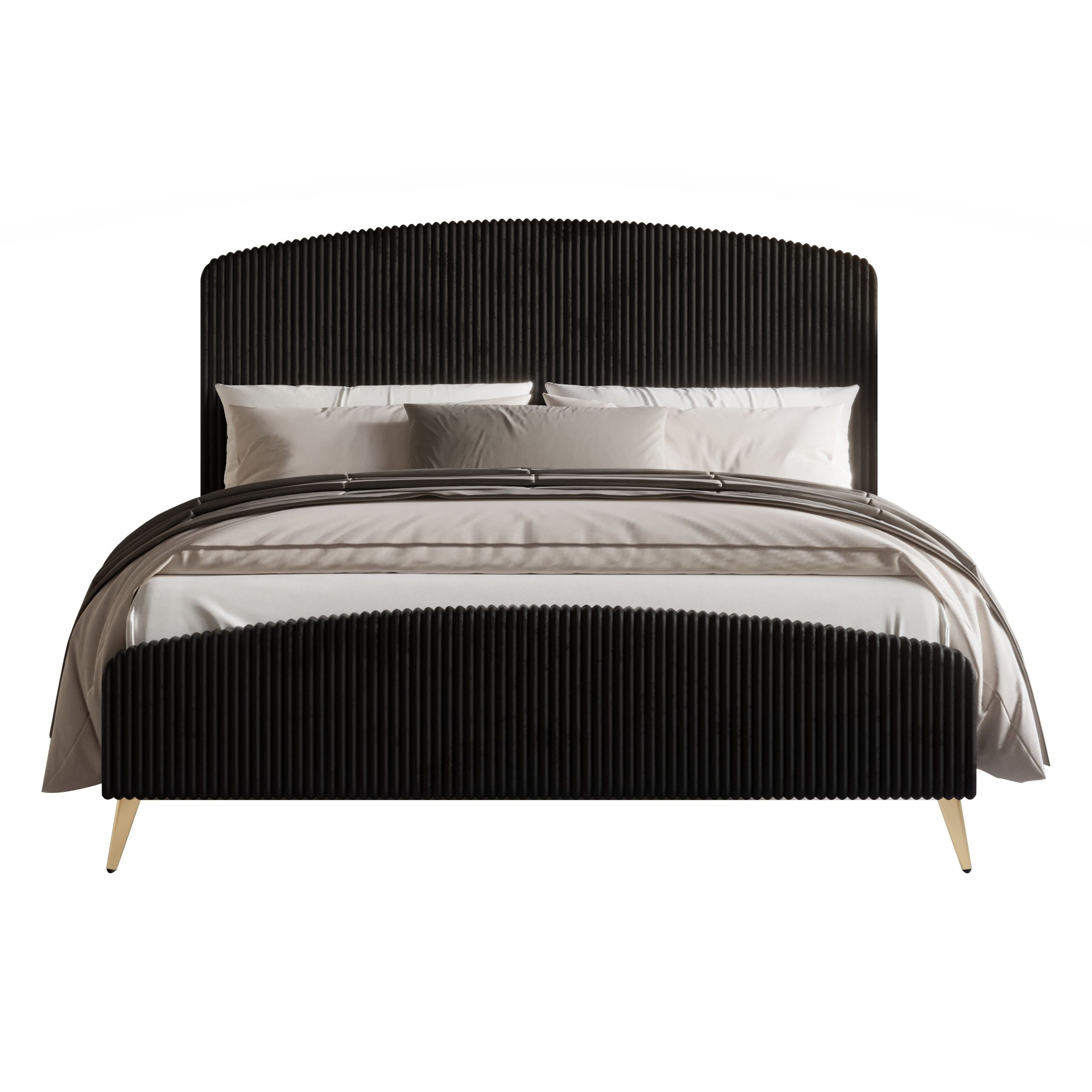 Home Design Everett Full Upholstered Panel Bed Frame with Curve-Shaped Design Headboard For Adult, Black, Easy Assembly - Image 3