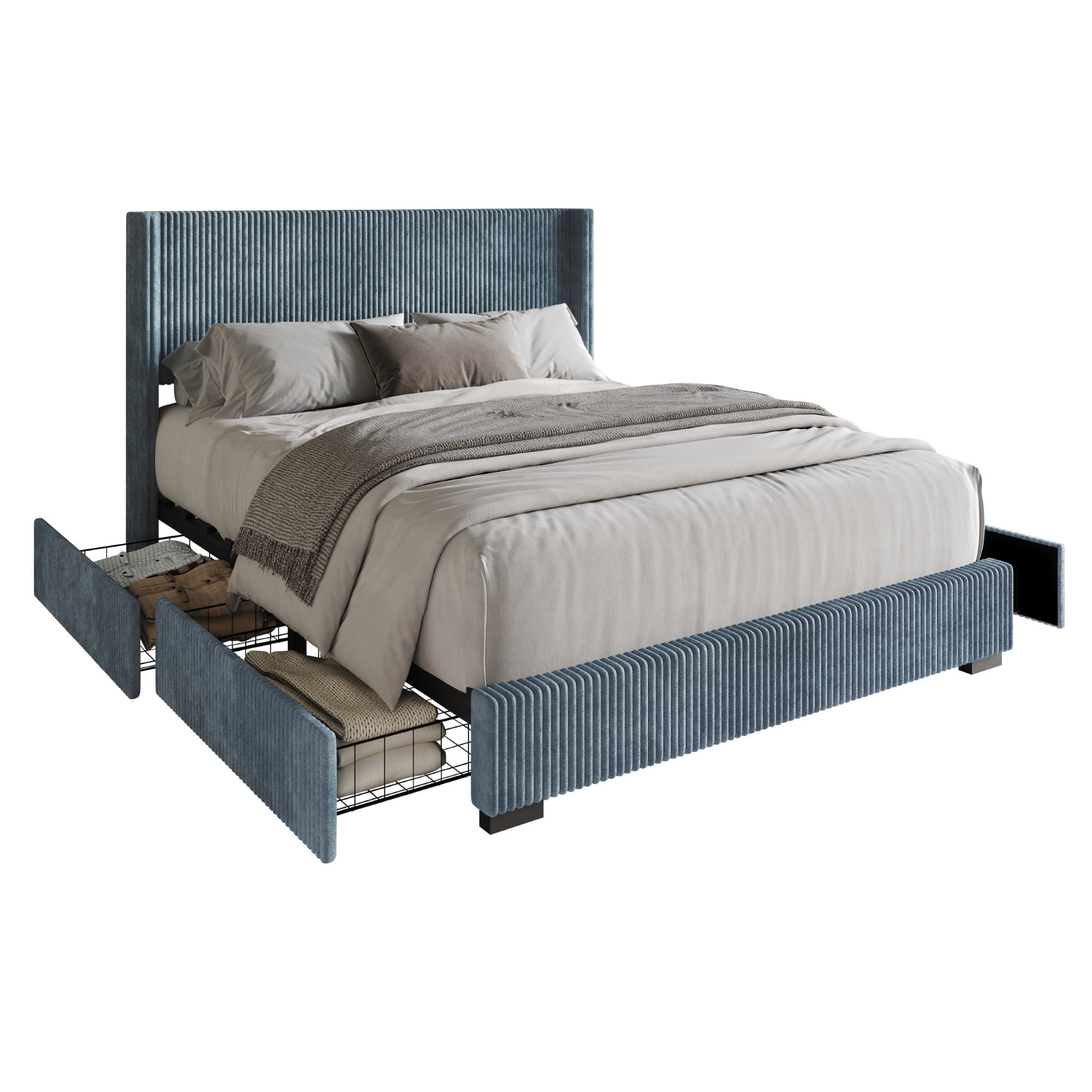 Home Design Rochester King Upholstered Storage Platform Bed Frame with Wingback Headboard and Four Under-Drawers, Blue, Easy Assembly - Image 4