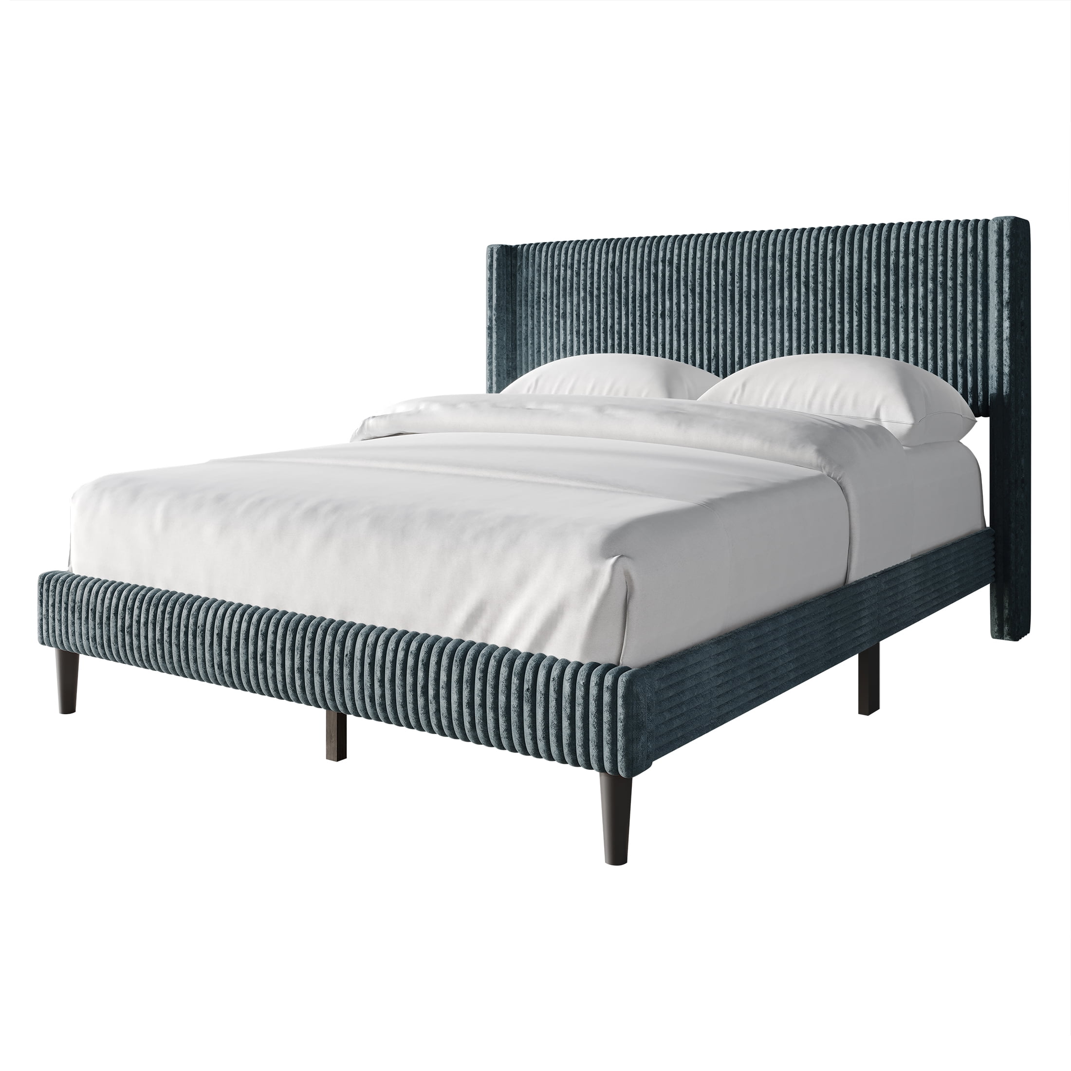 Castle Place Modern Wingback Corduroy Velvet Upholstered Queen Platform Bed, Light Blue - Image 3