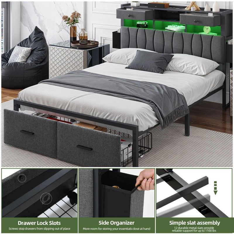 Uforic Full Upholstered Bed Frame with Charging Station, LED Platform Bed with Storage Drawers, Gray - Image 5