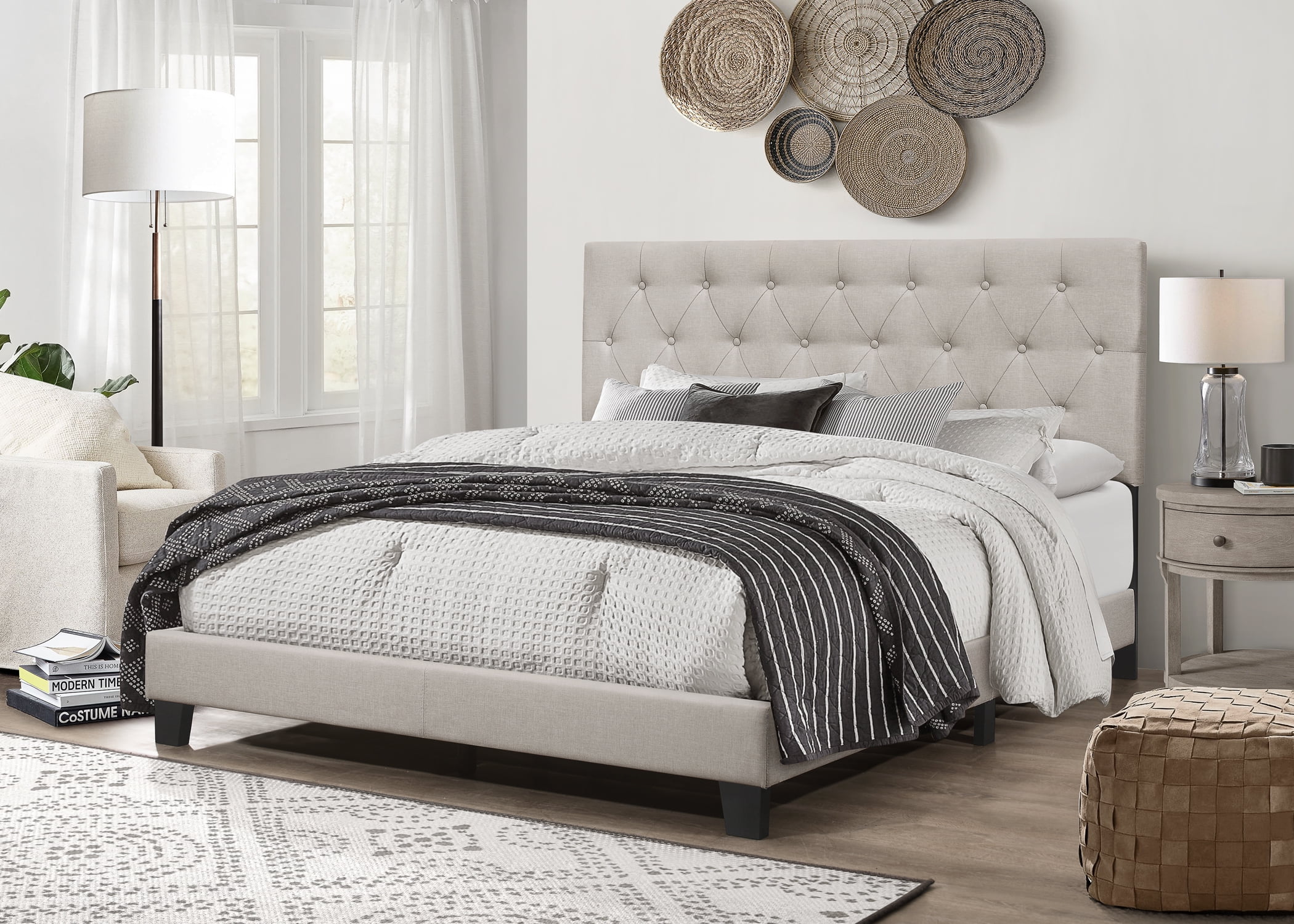 Home Design Dillon Queen Tufted Upholstered Panel Bed Frame with Button Tufting and Foam-Filled Headboard, Warm Gray, Easy Assembly - Image 2