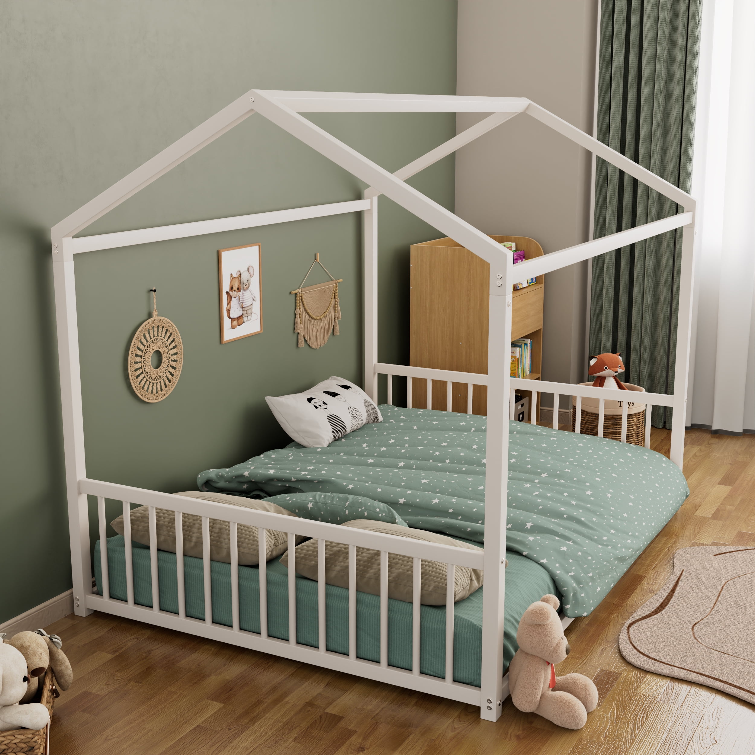 Euroco Metal Full Size Canopy Bed, Low Profile House Bed with Guardrails, White - Image 5