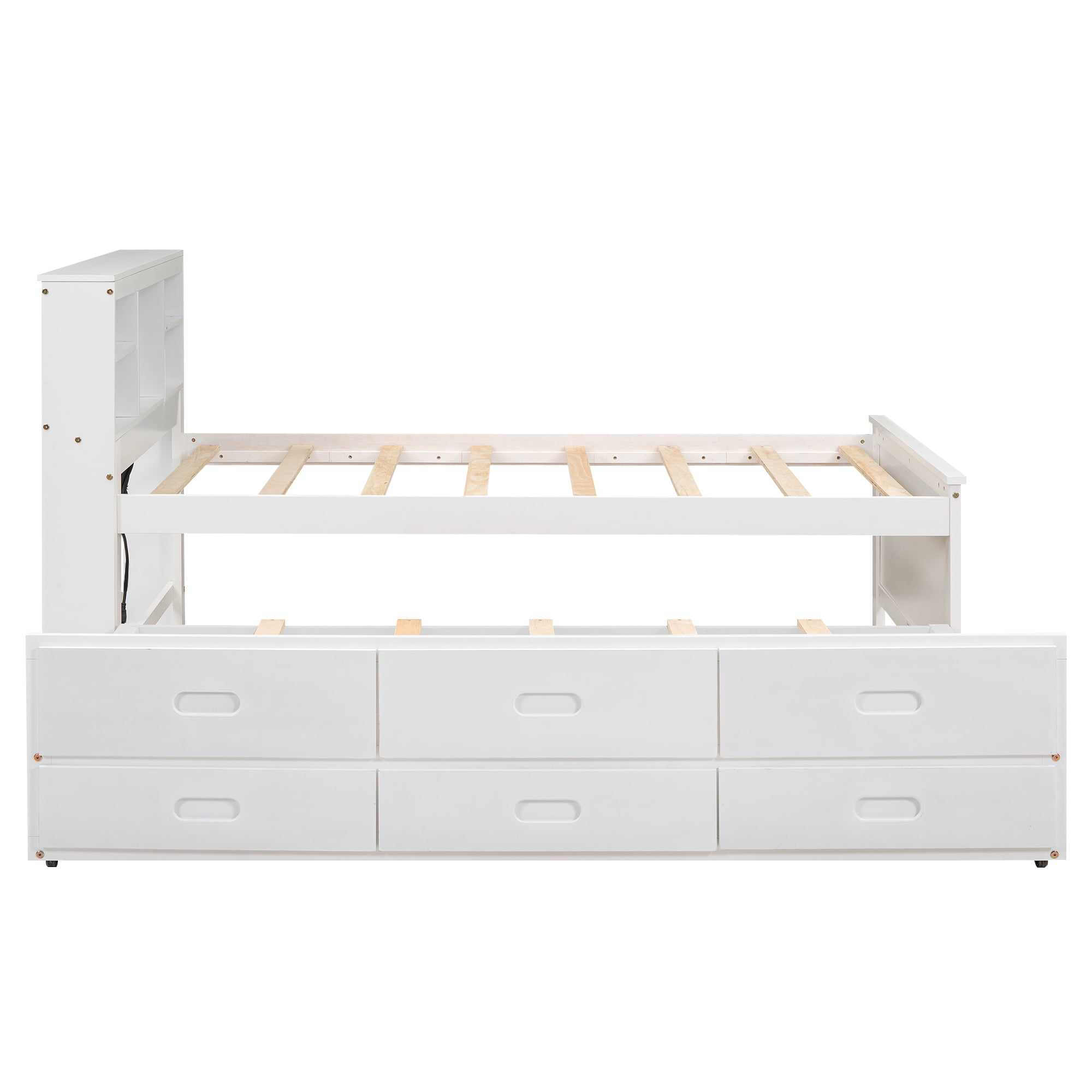 Euroco Wood Twin Size Platform Bed with Storage Headboard, Trundle Bed and 3 Drawers, USB Charging and Shleves for Kids Teens, White - Image 4