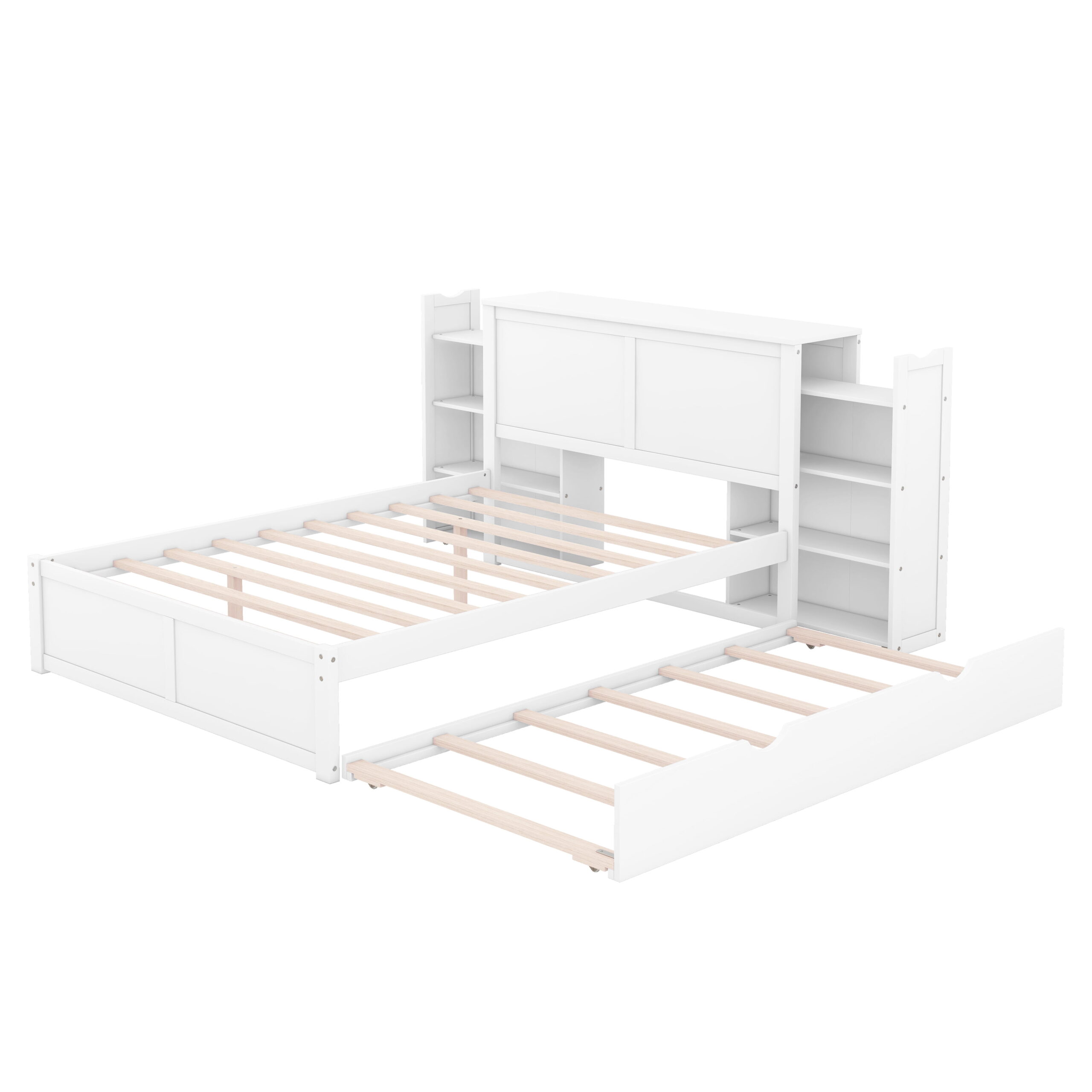 Euroco Full Size Wood Platform Bed with Trundle, Flexible 4-Tier Shelf in Headboard for Kids, White - Image 4