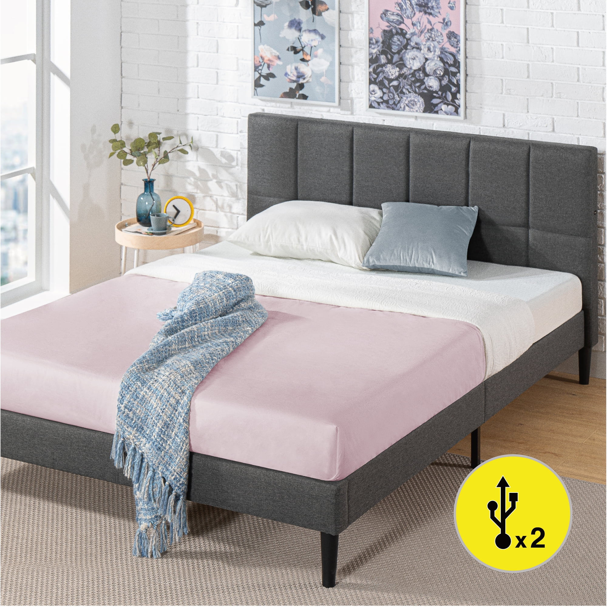 Zinus Lottie 35" Upholstered Platform Bed Frame with USB Ports, Grey, Queen - Image 2