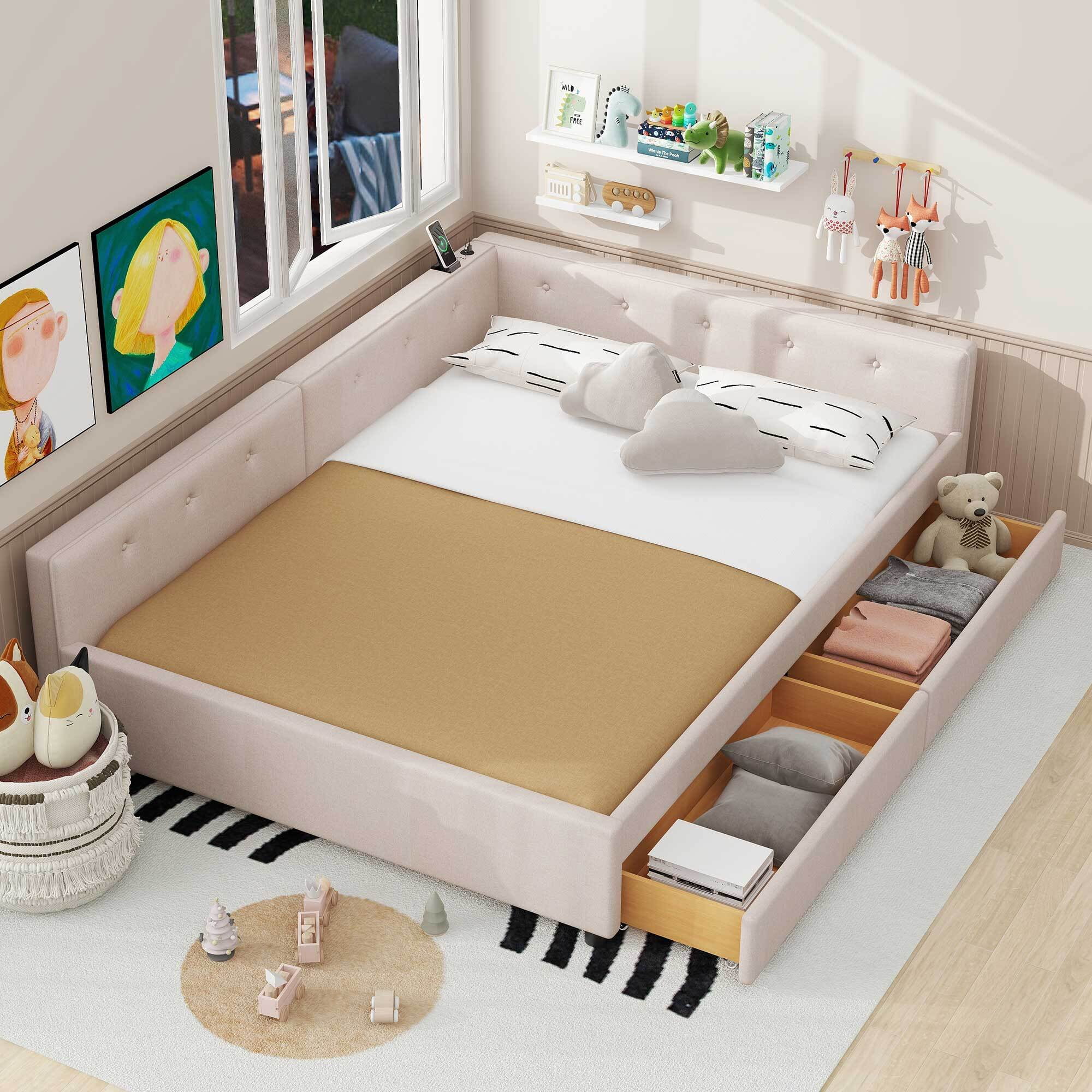 Euroco Upholstered Full Size Platform Bed with 2 Storage Drawers for Kids Teens, Beige - Image 2