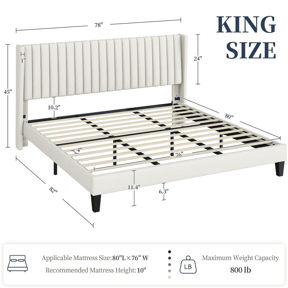 Renwick Wingback Upholstered Platform Bed Frame, King, Ivory - Image 4
